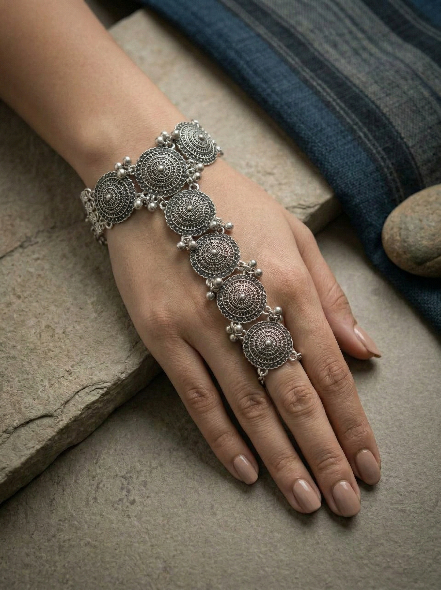 Oxidized Silver-Plated Boho Hathphool Traditional Tribal Style Hand Harness with Mandala Motifs