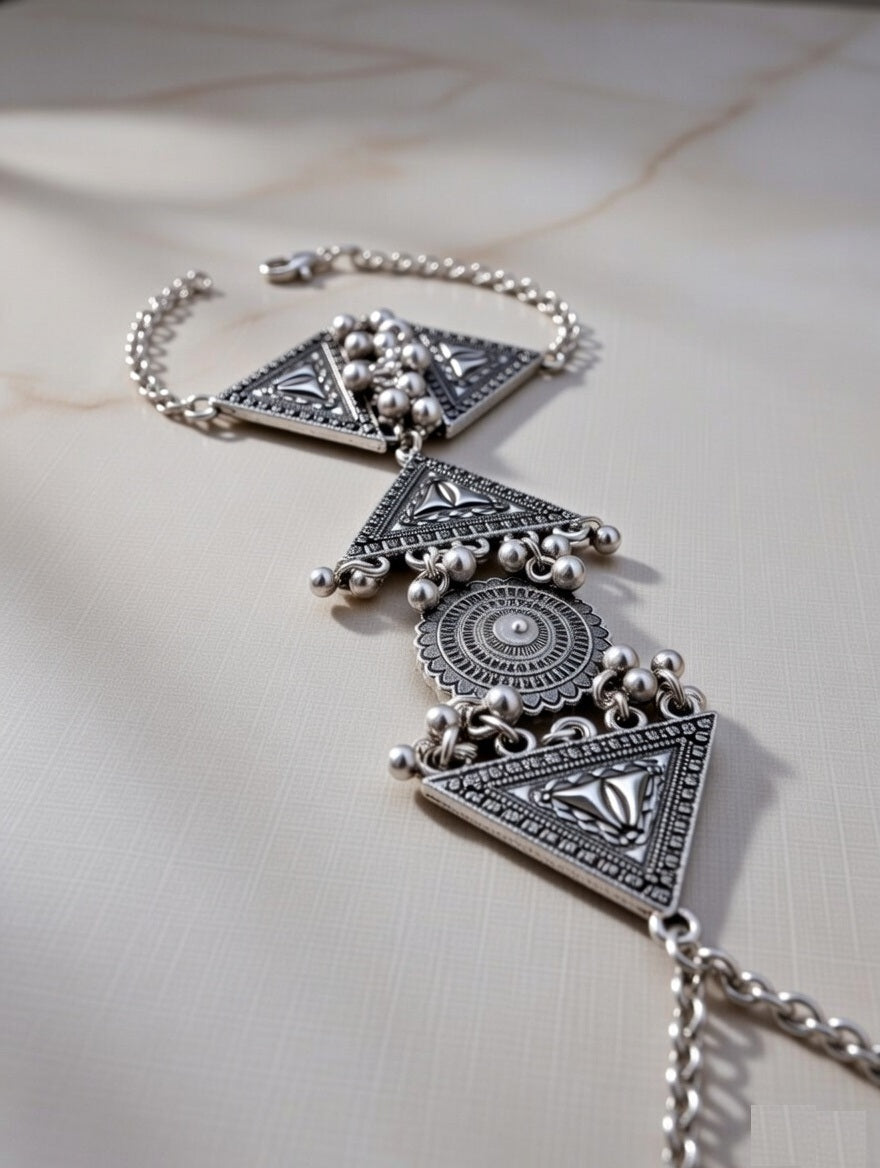 Oxidised Silver Boho Tribal Hathphool | Ethnic Geometric Hand Harness with Ghungroo Accents