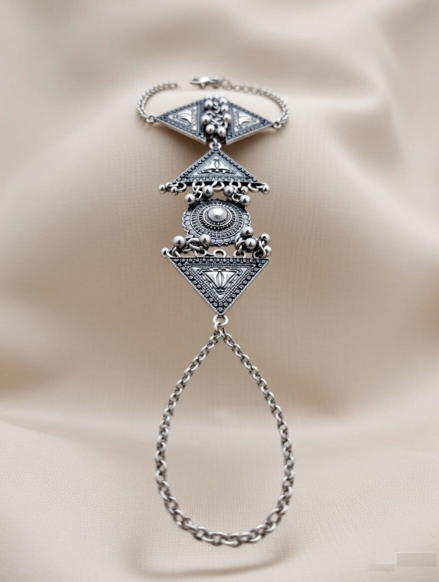 Oxidised Silver Boho Tribal Hathphool | Ethnic Geometric Hand Harness with Ghungroo Accents