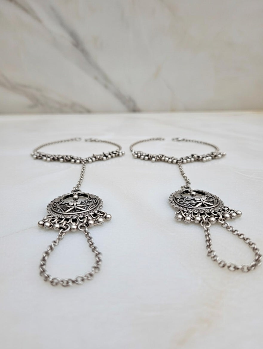 Antique Oxidised Silver Ghungroo Hathphool | Traditional Floral Motif Hand Harness for Women & Girls