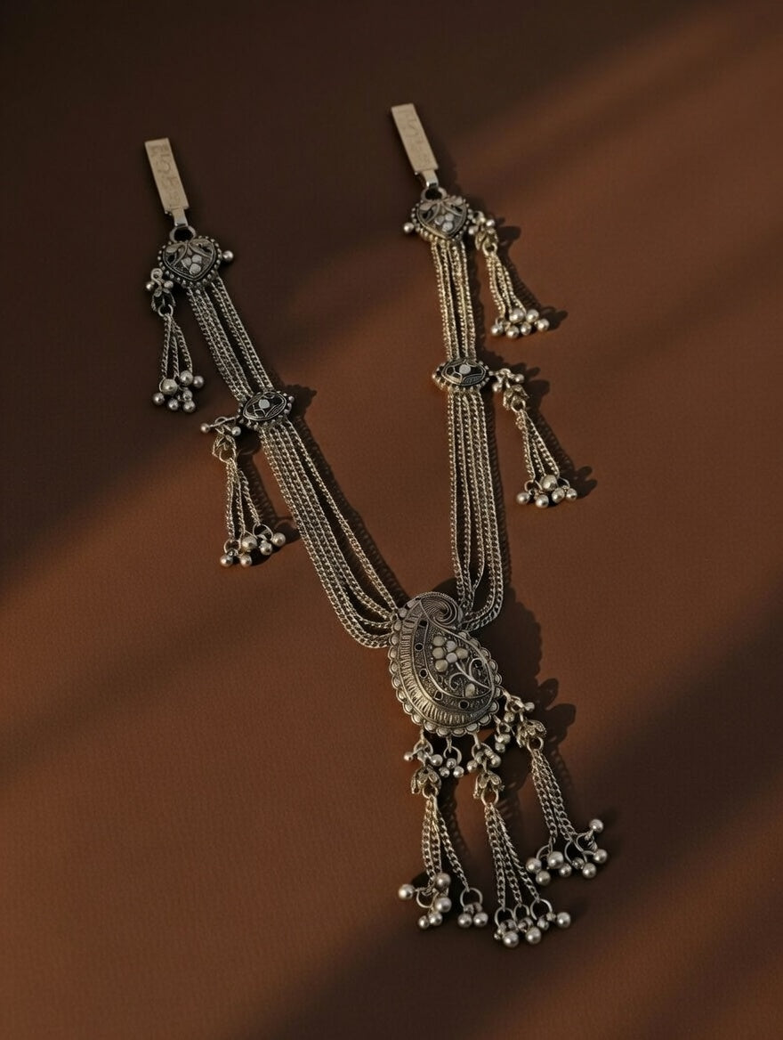 Antique Oxidized Silver Multi-Layered Kamarband with Paisley Pendant