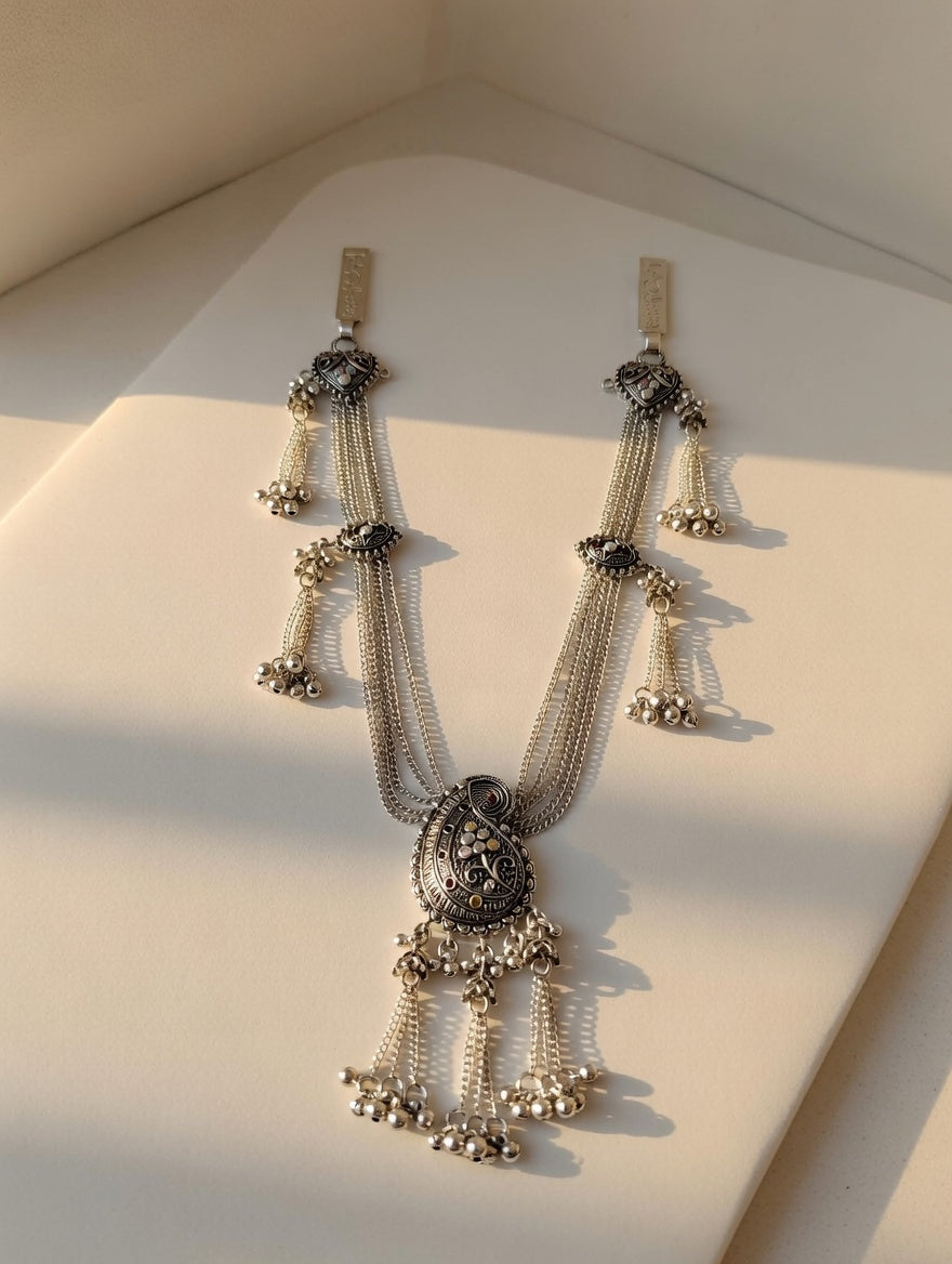 Antique Oxidized Silver Multi-Layered Kamarband with Paisley Pendant
