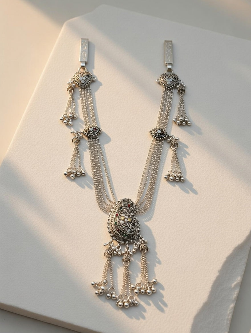 Antique Oxidized Silver Multi-Layered Kamarband with Paisley Pendant