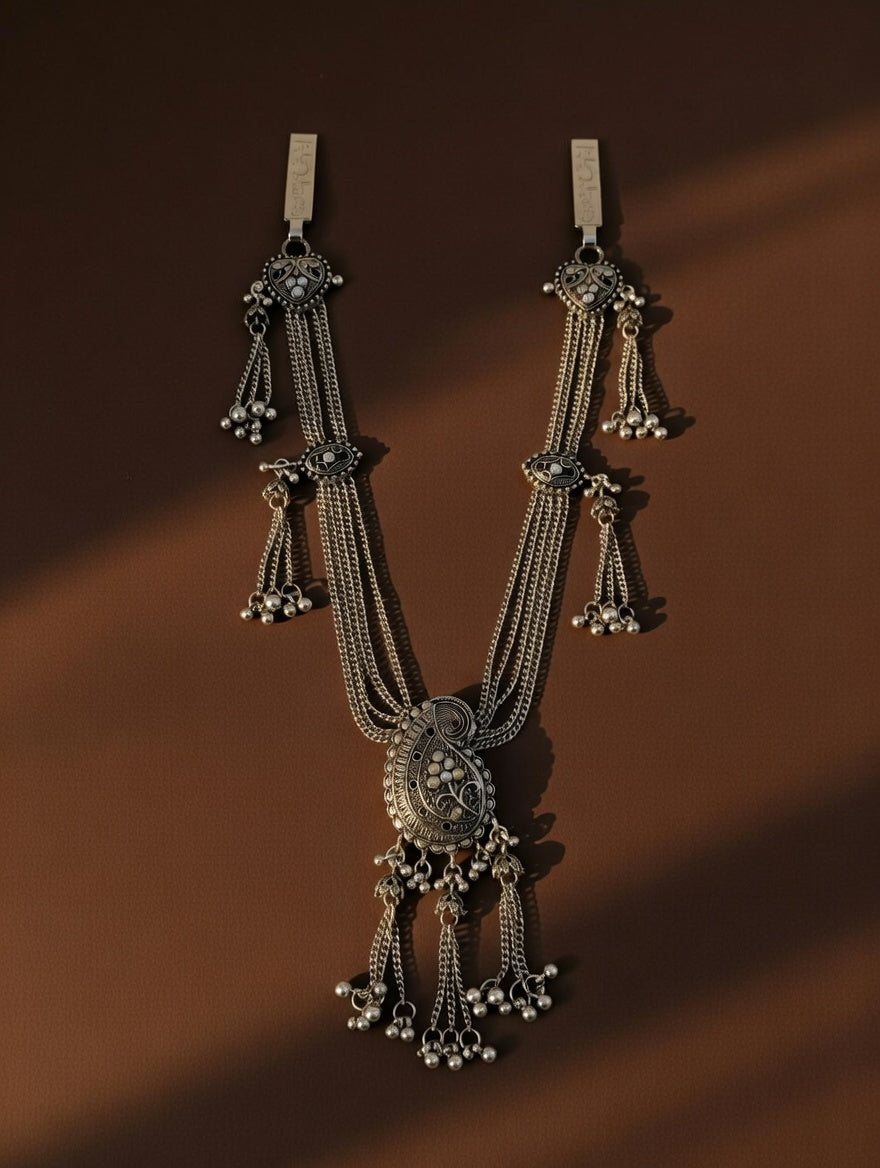 Antique Oxidized Silver Multi-Layered Kamarband with Paisley Pendant