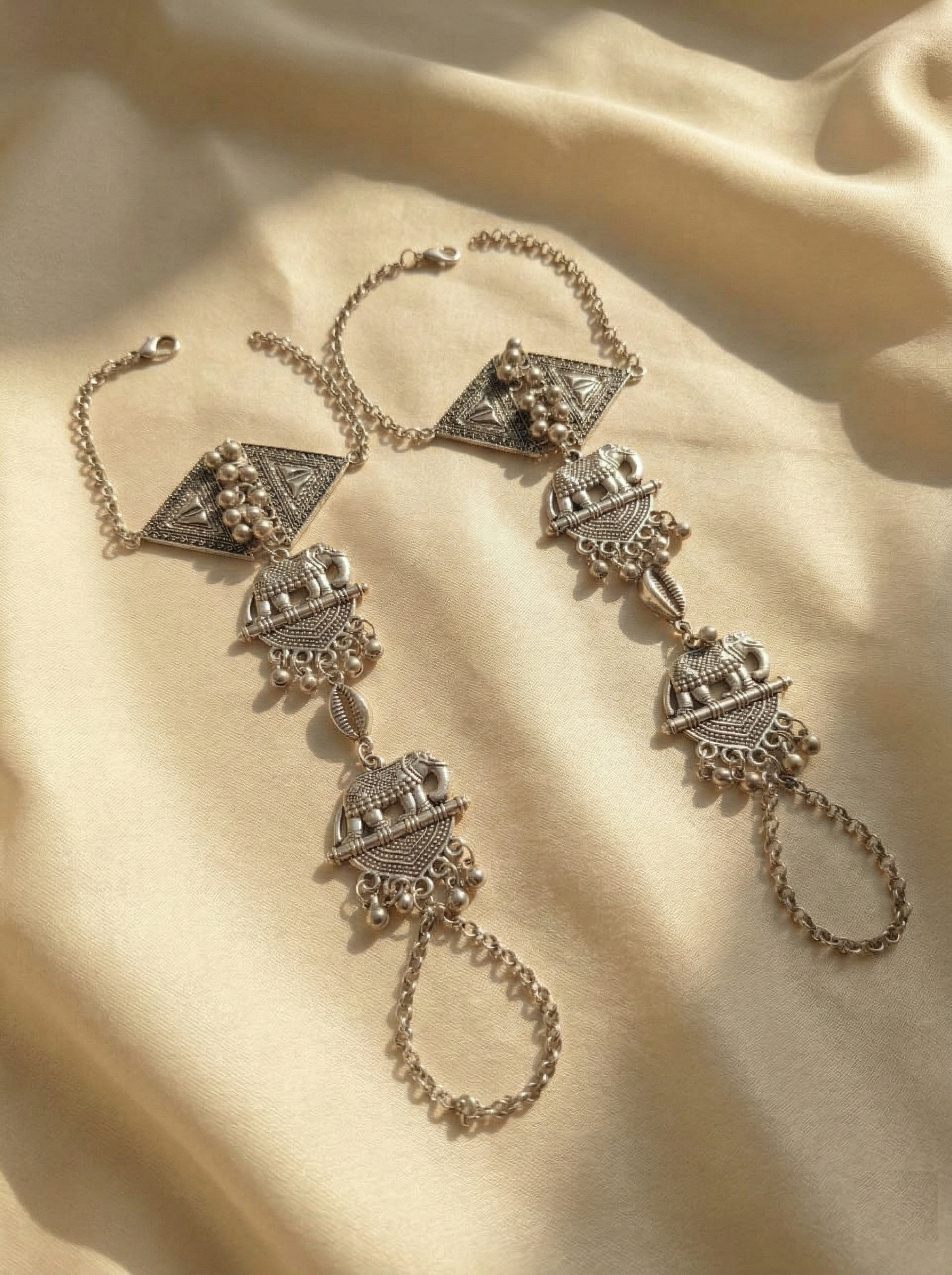 Antique Oxidized Silver-Plated Elephant Motif Haath Phool Traditional Tribal Hand Harness with Ring Attachment (Pair)