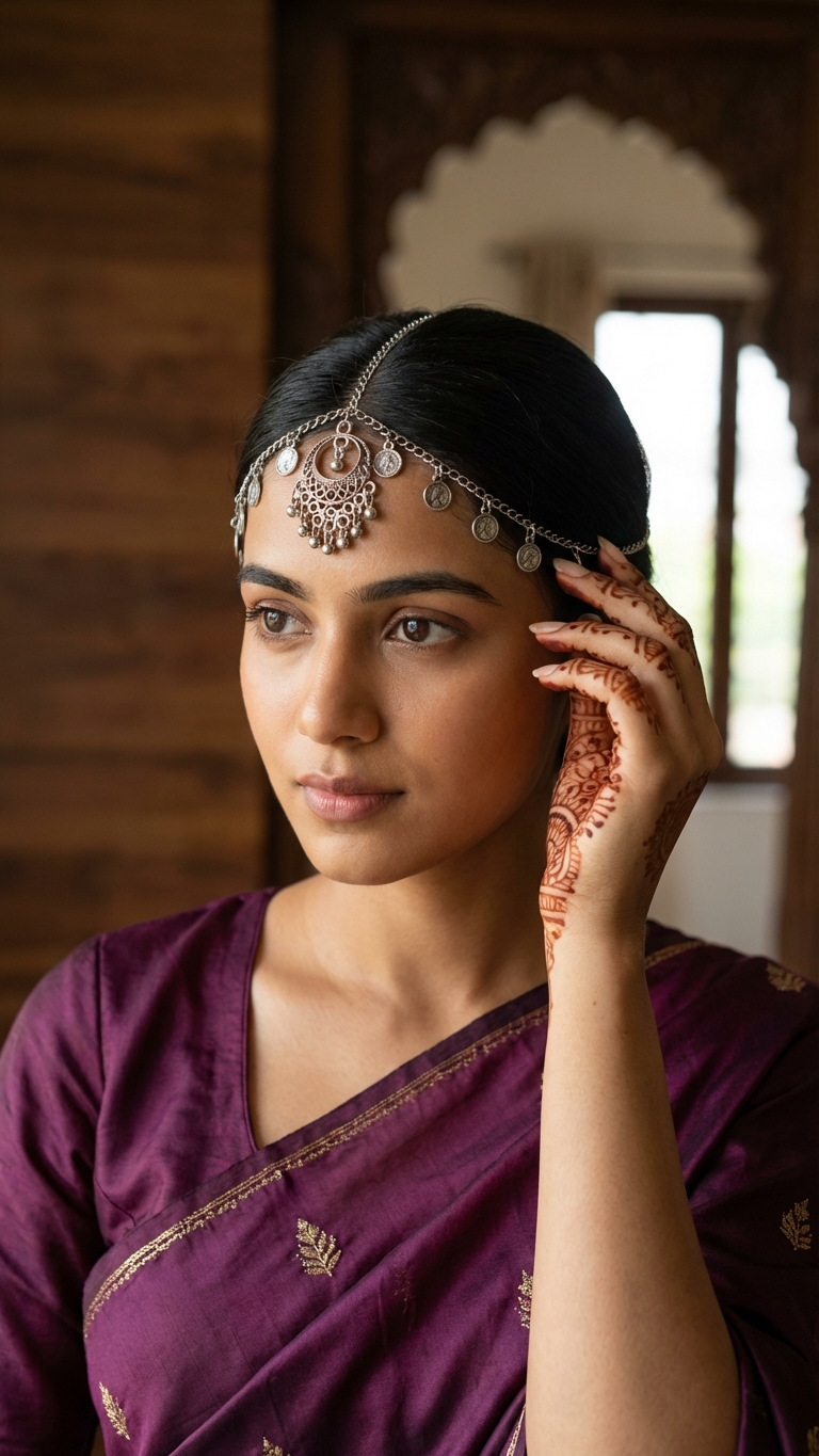 Antique Silver Oxidised Matha Patti with Coin Charms and Jhumki Drop Boho Style Sheshphool for Women