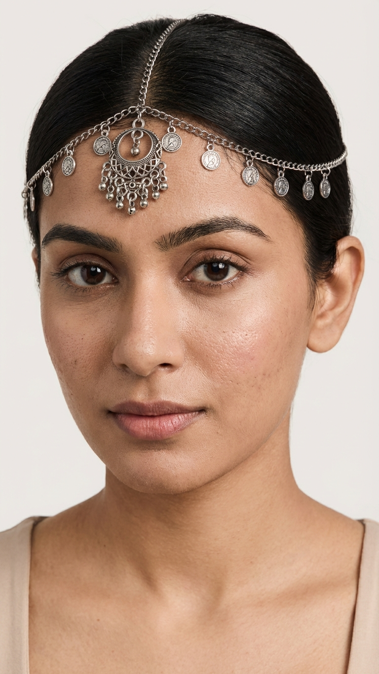 Antique Silver Oxidised Matha Patti with Coin Charms and Jhumki Drop Boho Style Sheshphool for Women