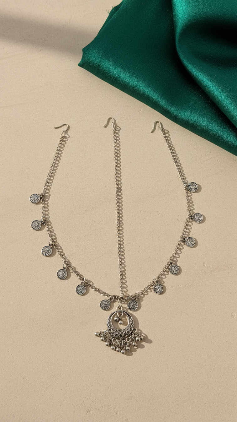 Antique Silver Oxidised Matha Patti with Coin Charms and Jhumki Drop Boho Style Sheshphool for Women