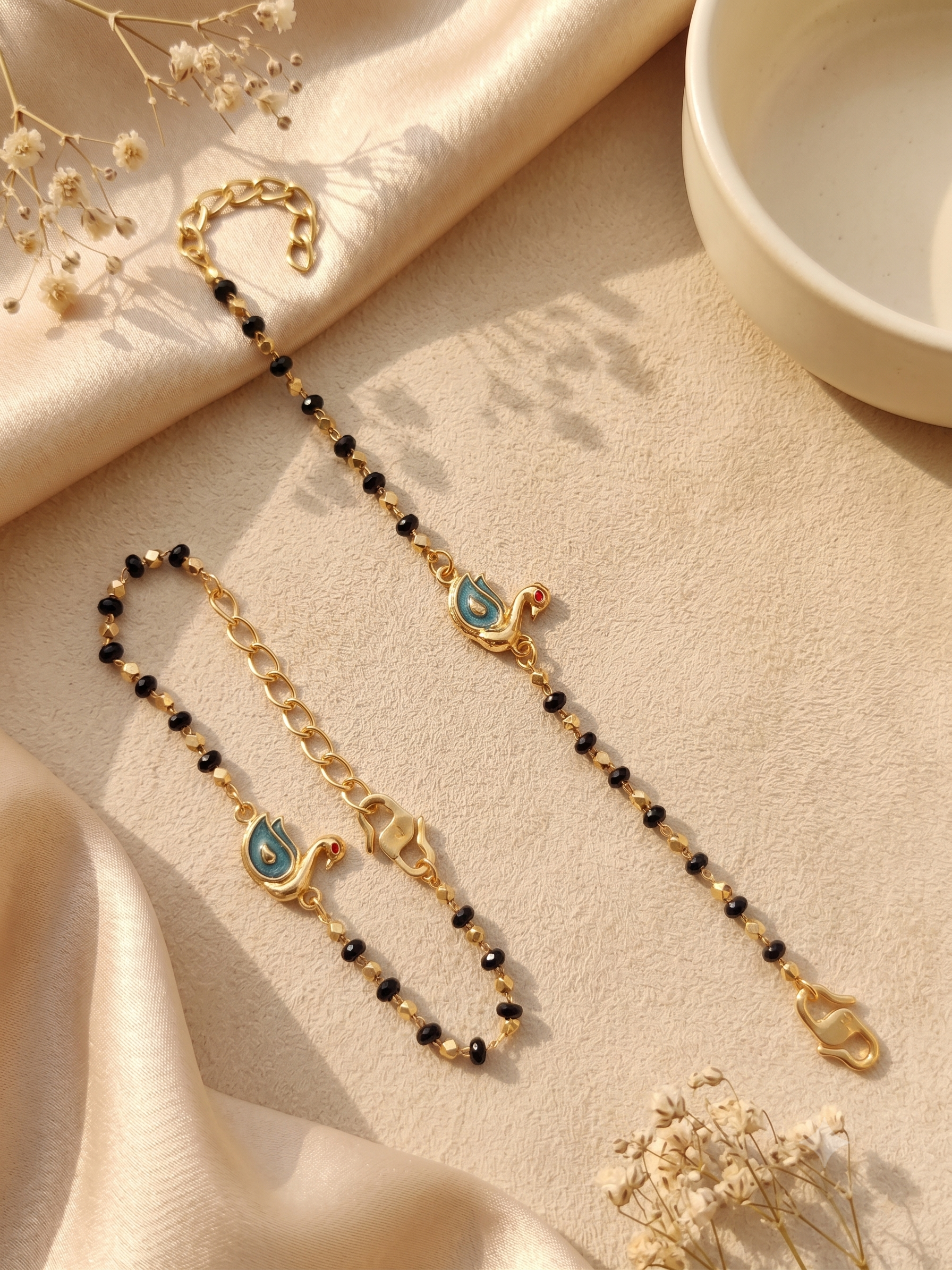 Gold Plated Cyan Swan Baby Nazariya Bracelet Set - Pack of 2 Evil Eye Protection Kada for Infants & Toddlers