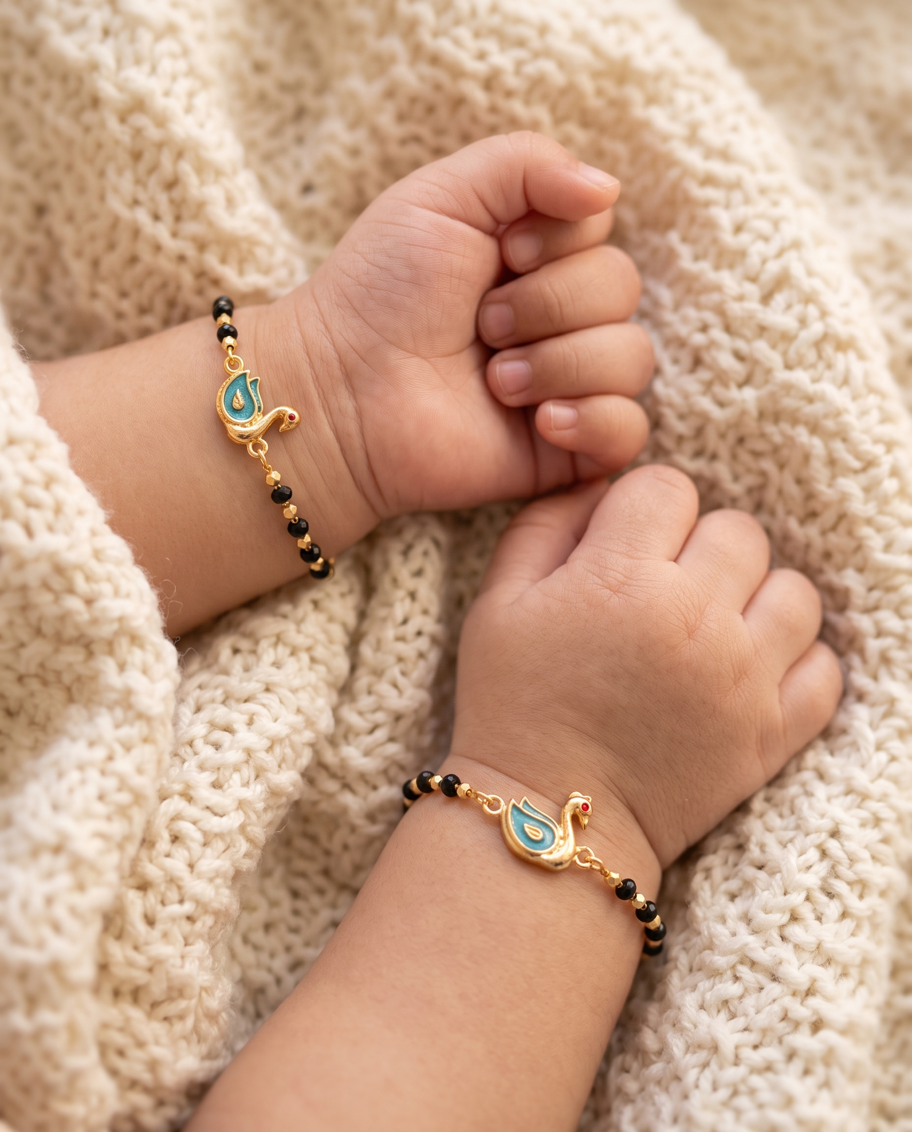 Gold Plated Cyan Swan Baby Nazariya Bracelet Set - Pack of 2 Evil Eye Protection Kada for Infants & Toddlers