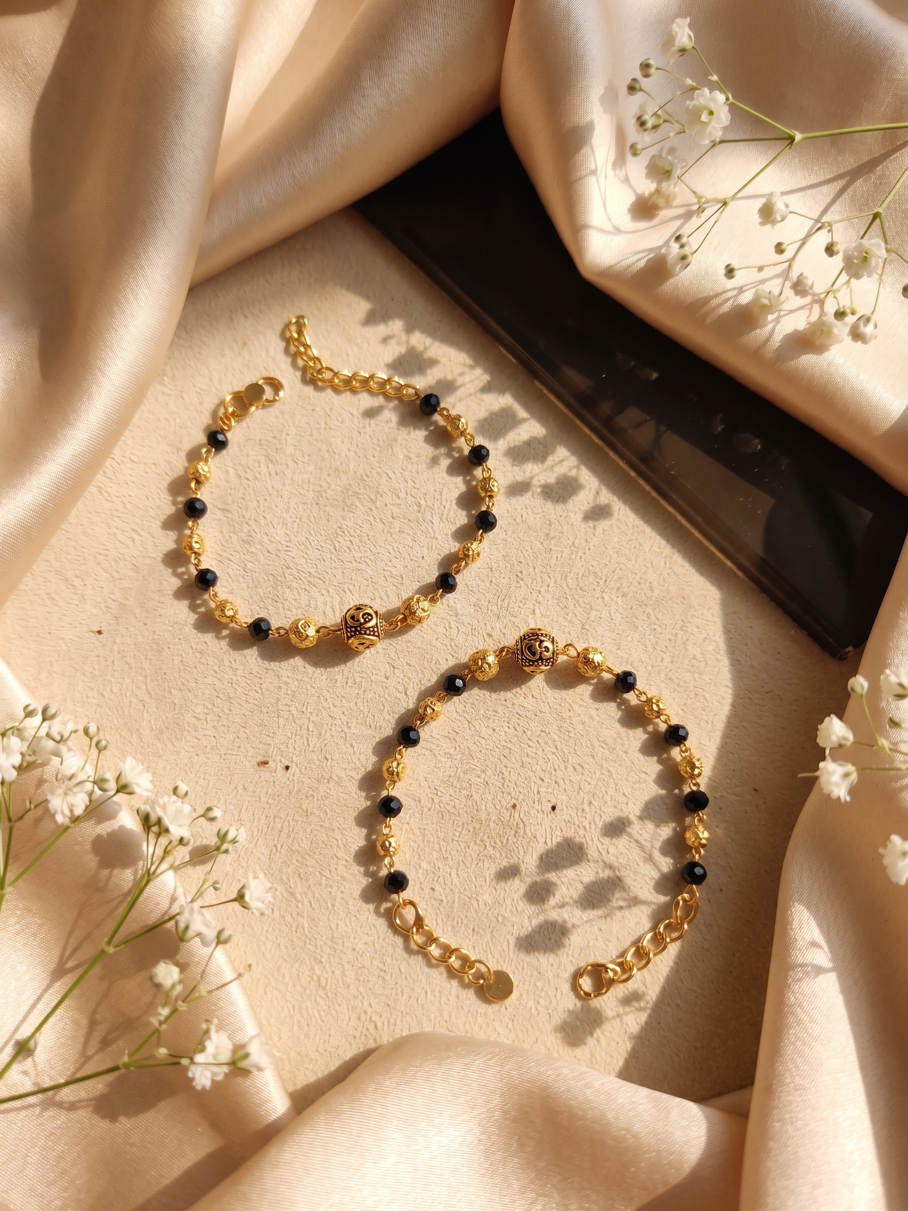 Gold Plated Sacred Om Baby Nazariya Bracelet Set - Pack of 2 Evil Eye Protection Kada for Infants & Toddlers