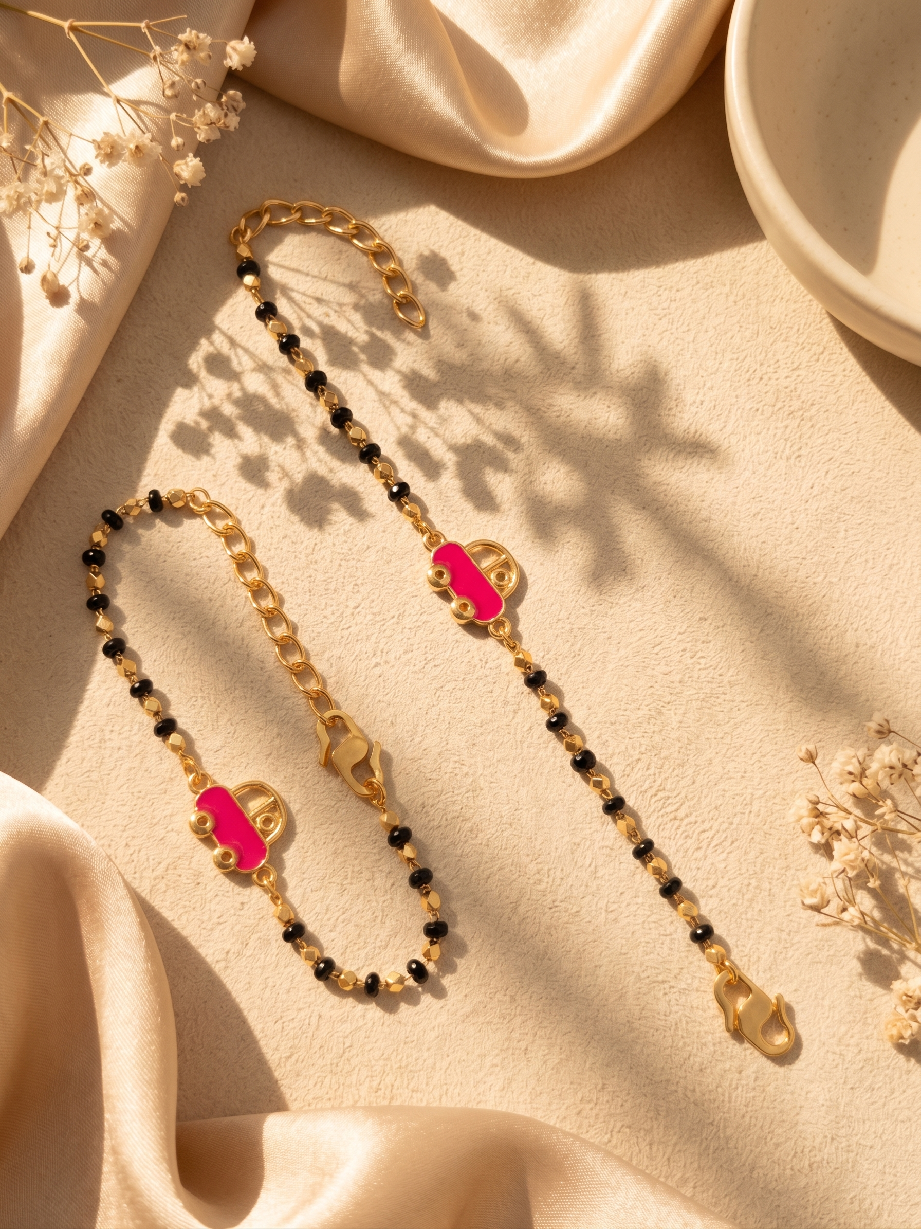 Gold Plated Pink Car Baby Nazariya Bracelet Set - Pack of 2 Cute Enamel Evil Eye Protection Kada for Infants & Toddlers