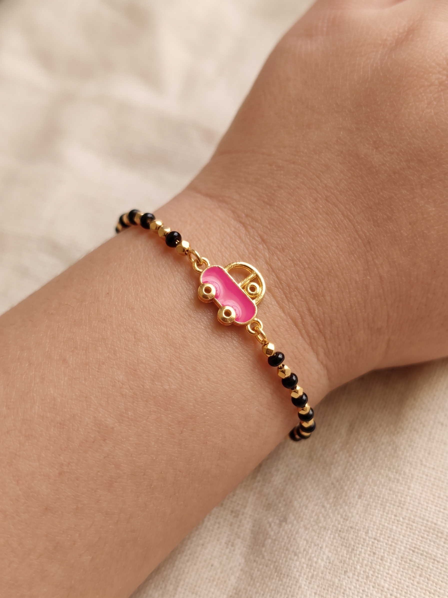 Gold Plated Pink Car Baby Nazariya Bracelet Set - Pack of 2 Cute Enamel Evil Eye Protection Kada for Infants & Toddlers