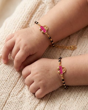 Gold Plated Pink Car Baby Nazariya Bracelet Set - Pack of 2 Cute Enamel Evil Eye Protection Kada for Infants & Toddlers
