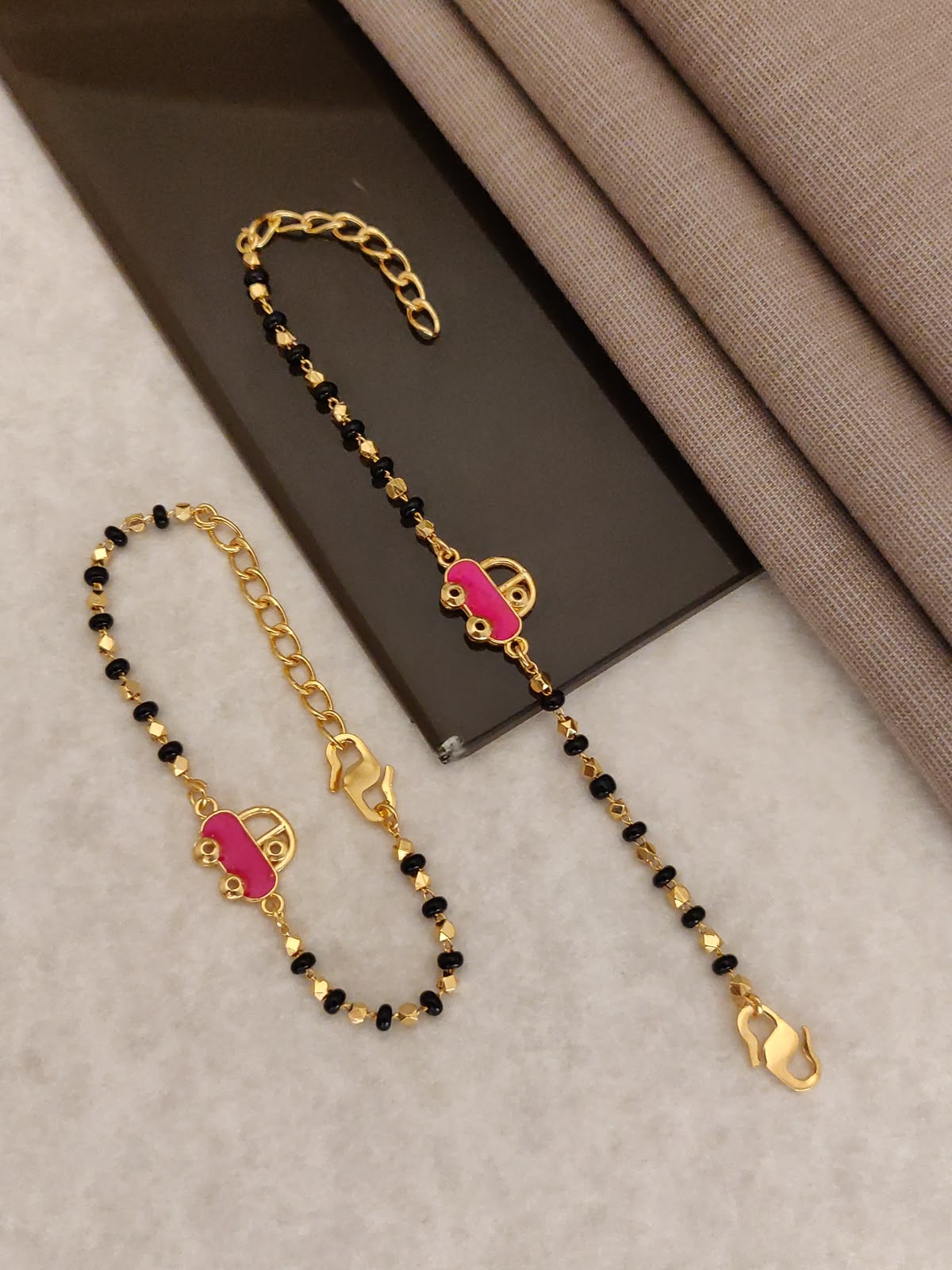 Gold Plated Pink Car Baby Nazariya Bracelet Set - Pack of 2 Cute Enamel Evil Eye Protection Kada for Infants & Toddlers
