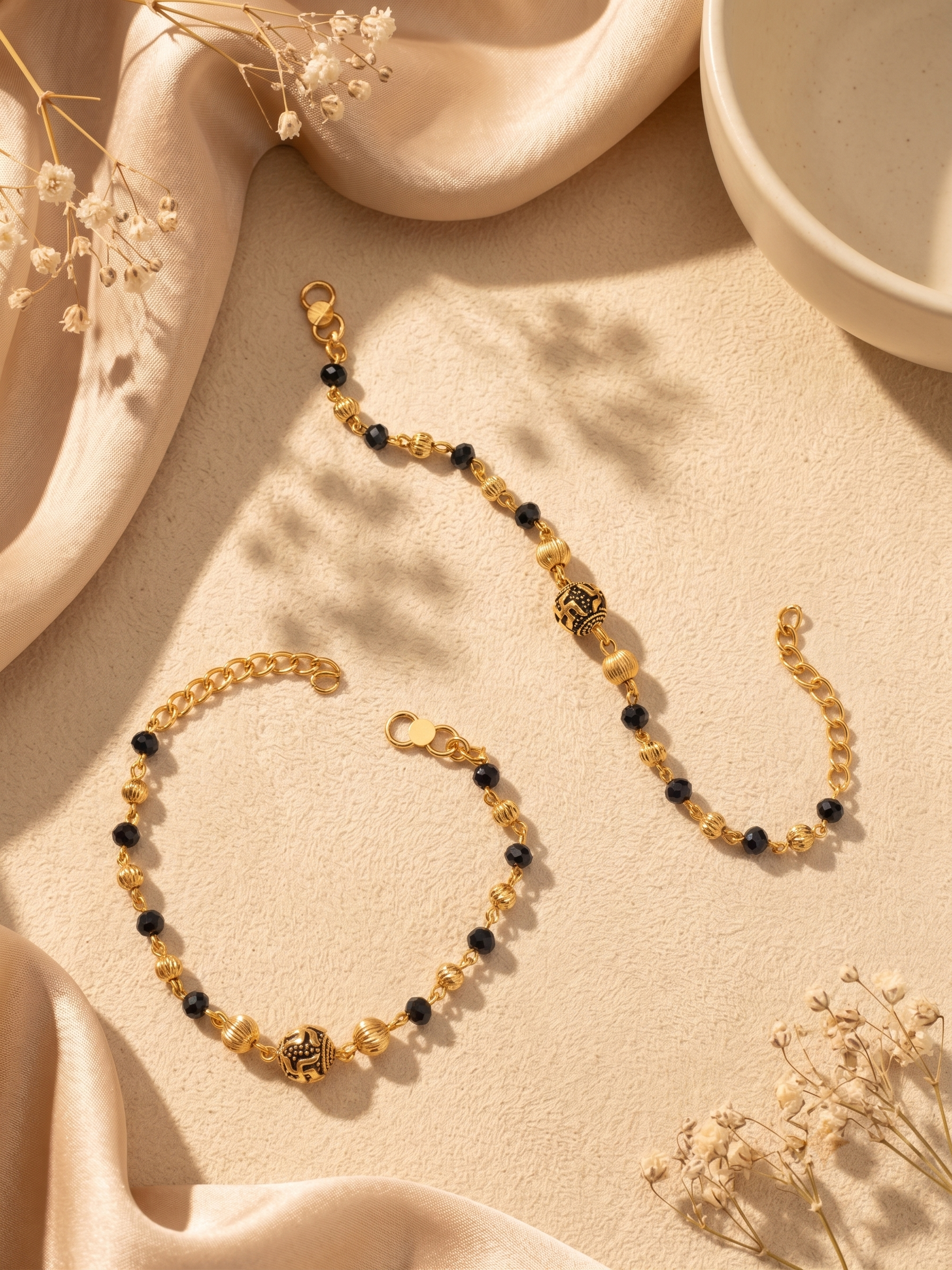 Gold Plated Auspicious Swastik Baby Nazariya Bracelet Set - Pack of 2 Evil Eye Protection Kada for Infants & Toddlers