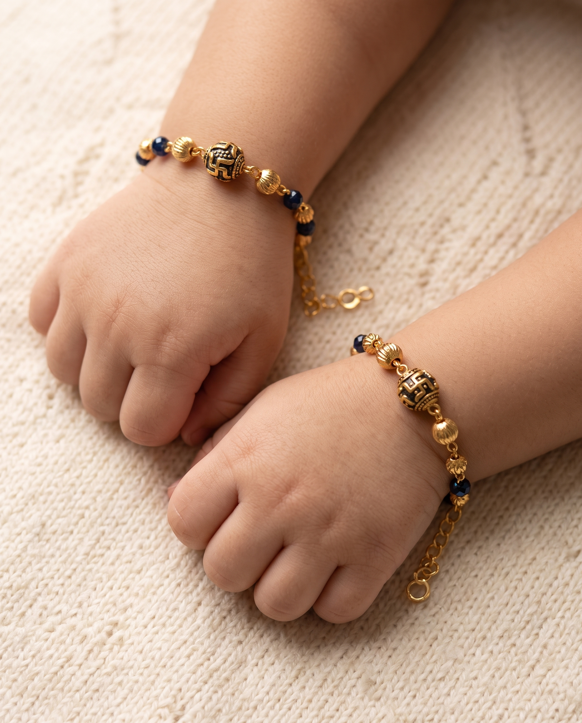 Gold Plated Auspicious Swastik Baby Nazariya Bracelet Set - Pack of 2 Evil Eye Protection Kada for Infants & Toddlers