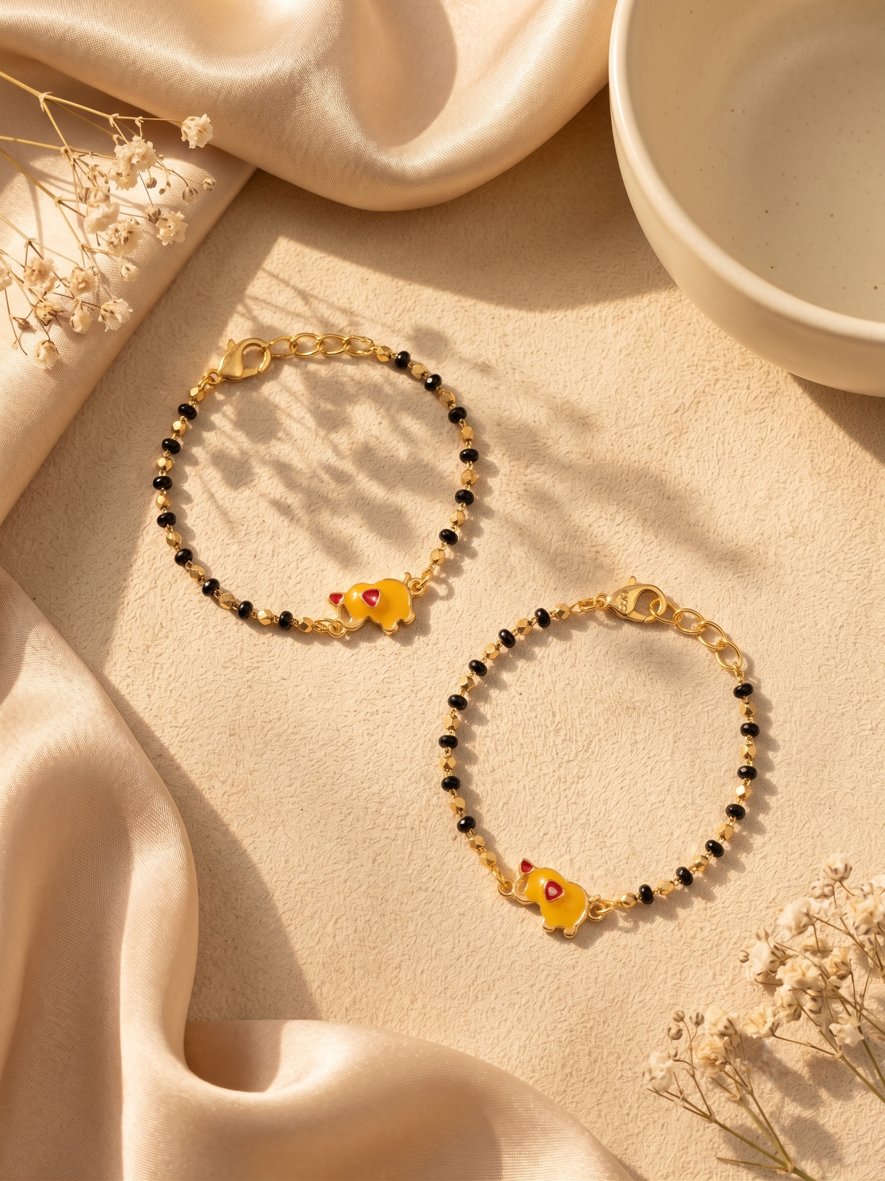 Gold Plated Yellow Elephant Baby Nazariya Bracelet Set - Pack of 2 Enamel Evil Eye Protection Kada for Infants & Toddlers
