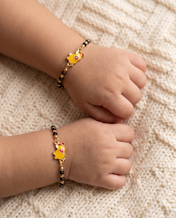 Gold Plated Yellow Elephant Baby Nazariya Bracelet Set - Pack of 2 Enamel Evil Eye Protection Kada for Infants & Toddlers
