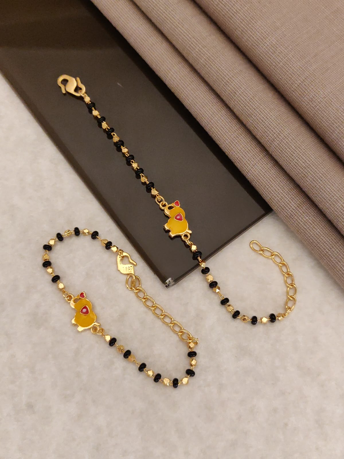 Gold Plated Yellow Elephant Baby Nazariya Bracelet Set - Pack of 2 Enamel Evil Eye Protection Kada for Infants & Toddlers