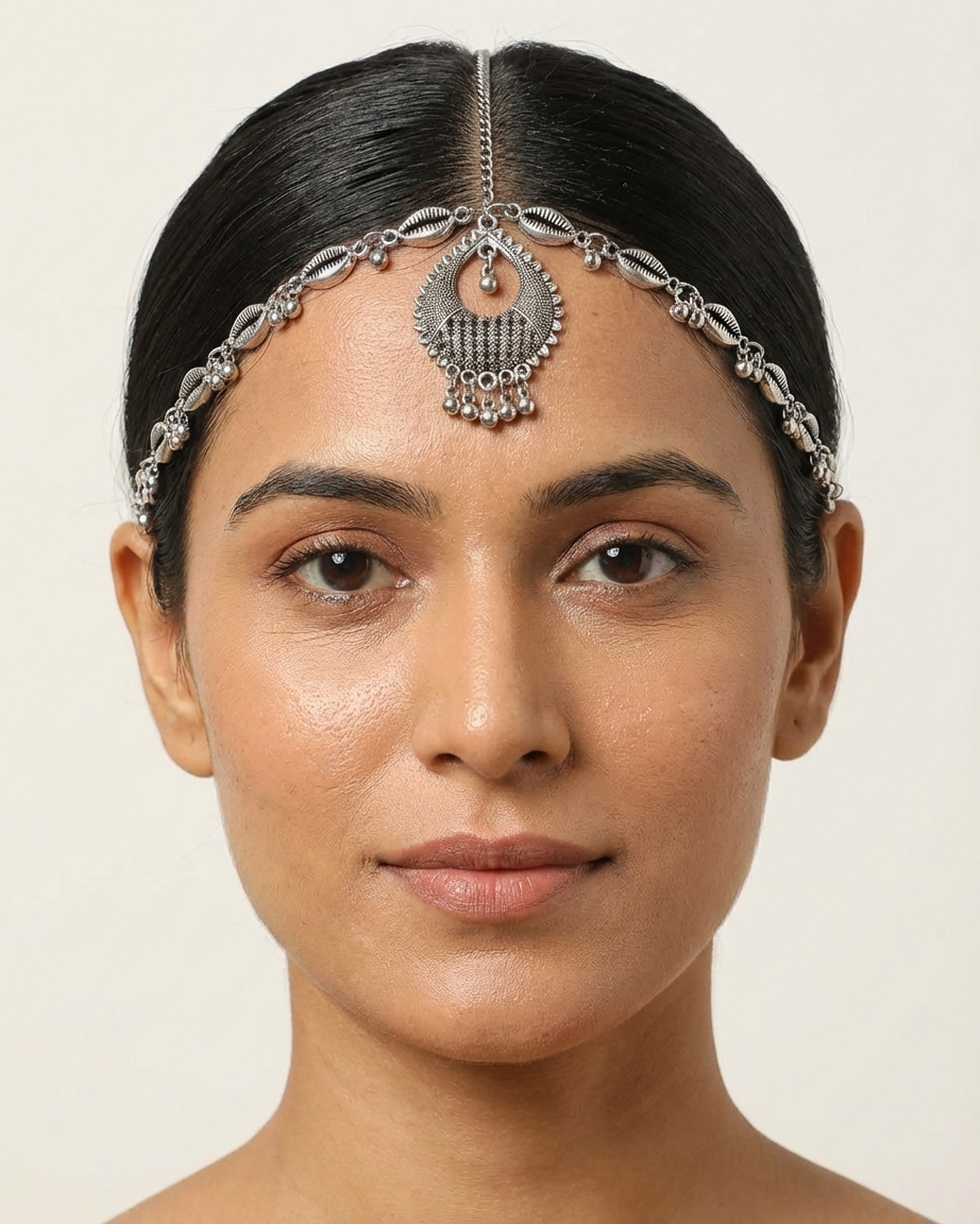 Boho-Chic Oxidized Silver Sheesh Phool Shell Motif Design