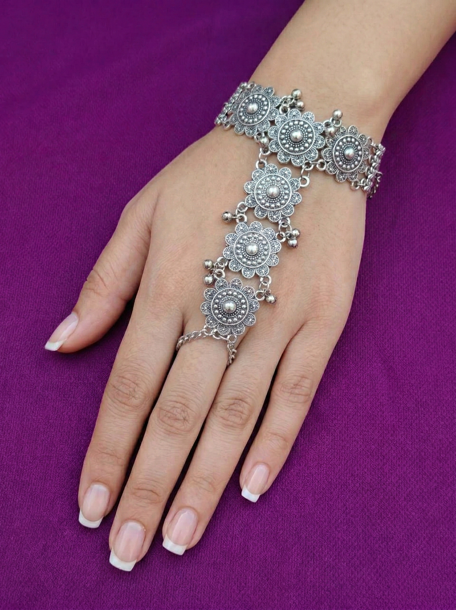 Boho Floral Oxidised Hand Chain | Statement Tribal Jewelry for Women