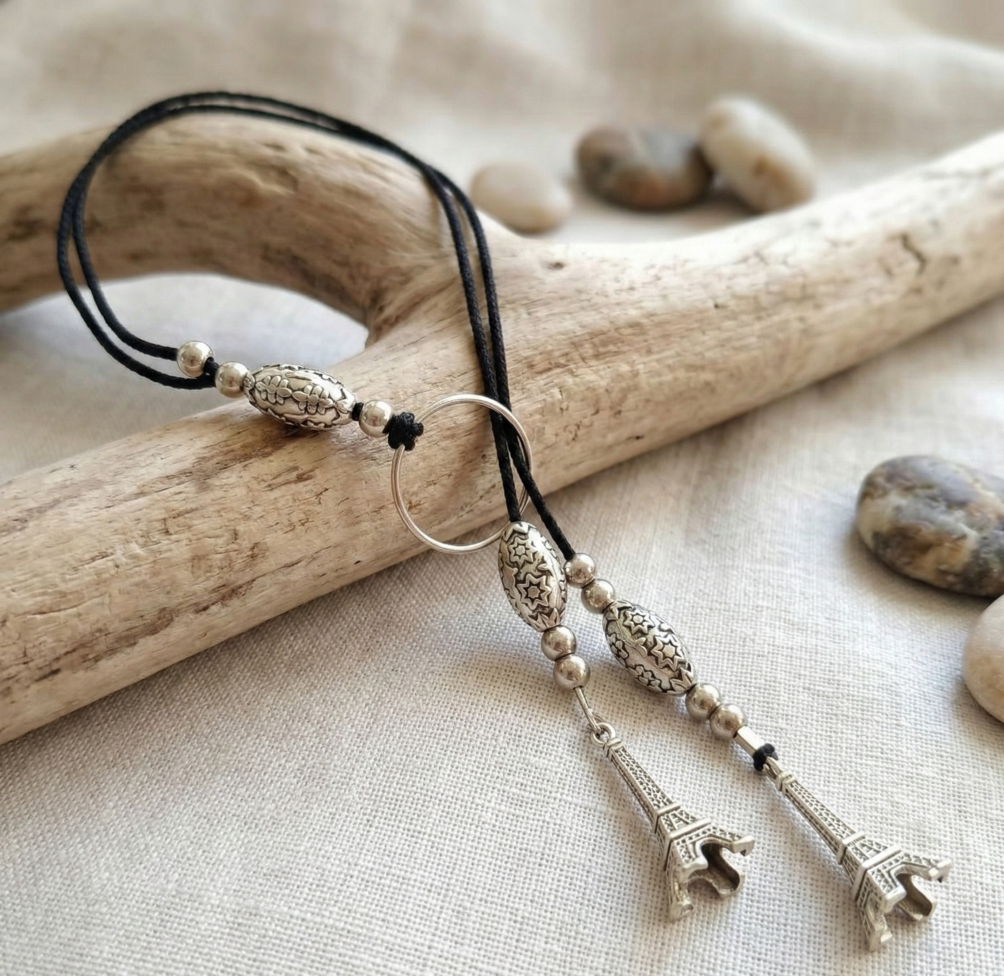 Boho Lariat Necklace with Eiffel Tower Charms