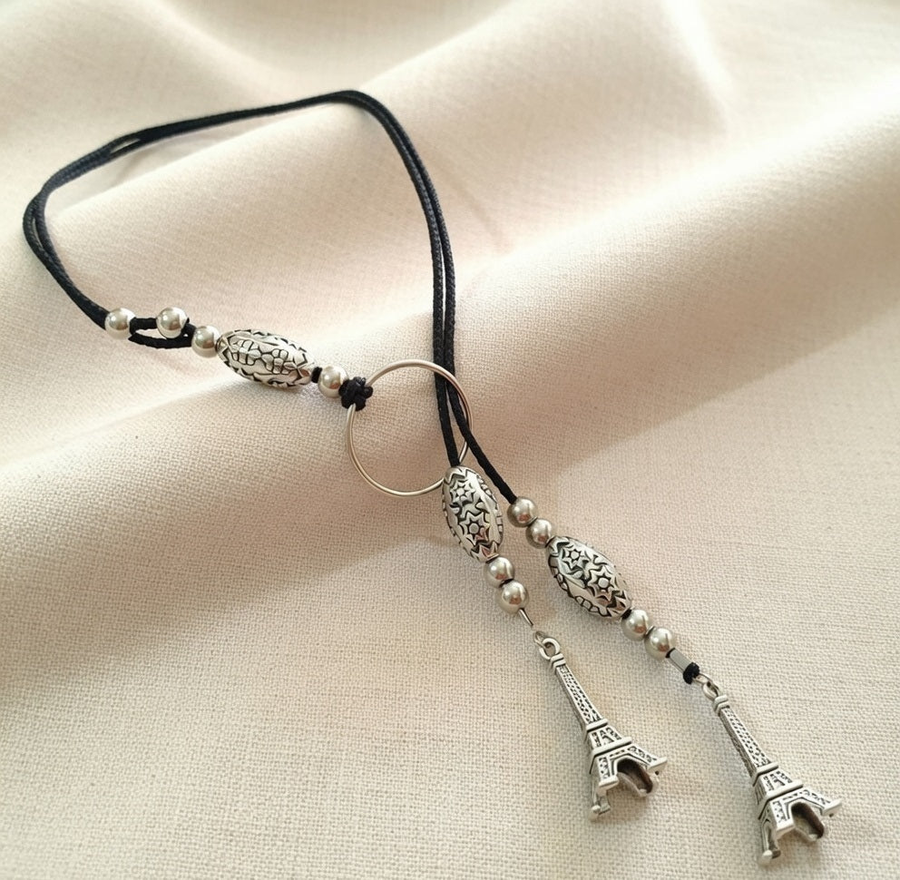 Boho Lariat Necklace with Eiffel Tower Charms