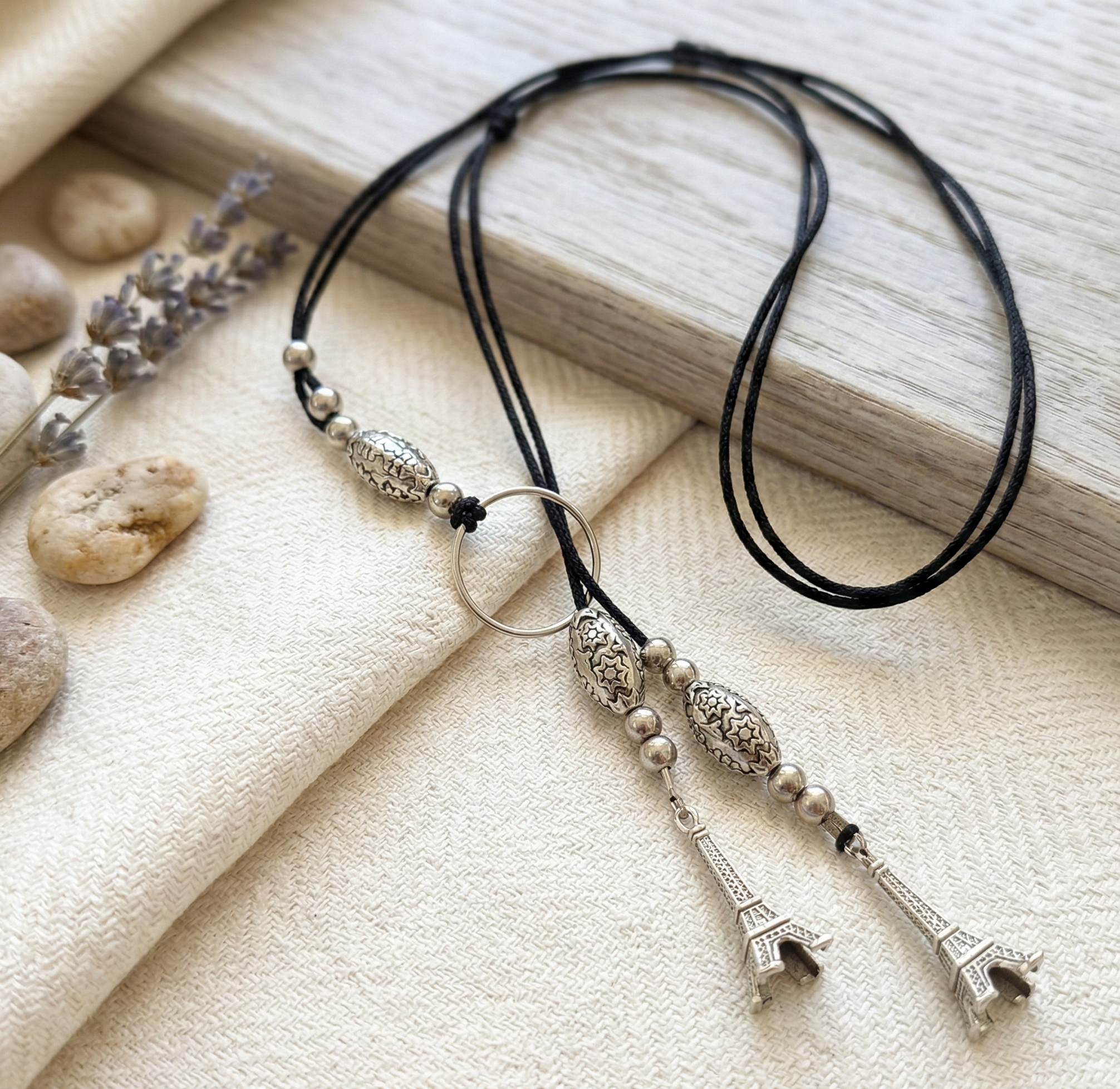 Boho Lariat Necklace with Eiffel Tower Charms