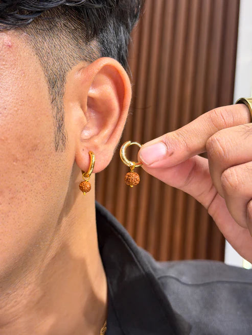 22K Gold Plated Rudraksha Hoop Earrings for Men | Spiritual Bali Earring | Anti-Tarnish Daily Wear | VIHAL ORNAMENTS