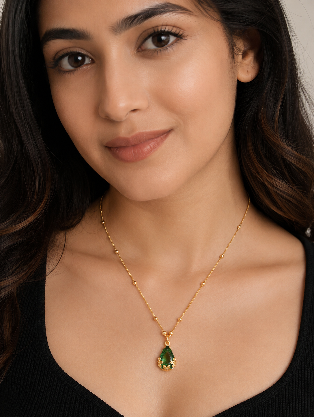 Vihal Ornaments Elegant Ruby Green Crystal Pendant Necklace Set with Matching Drop Earrings