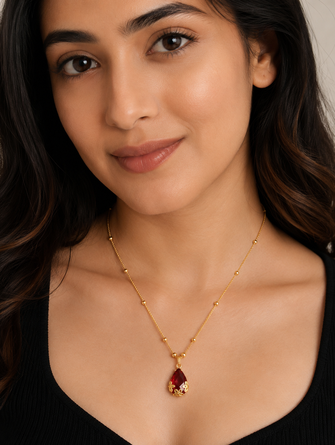 Vihal Ornaments Elegant Ruby Red Crystal Pendant Necklace Set with Matching Drop Earrings