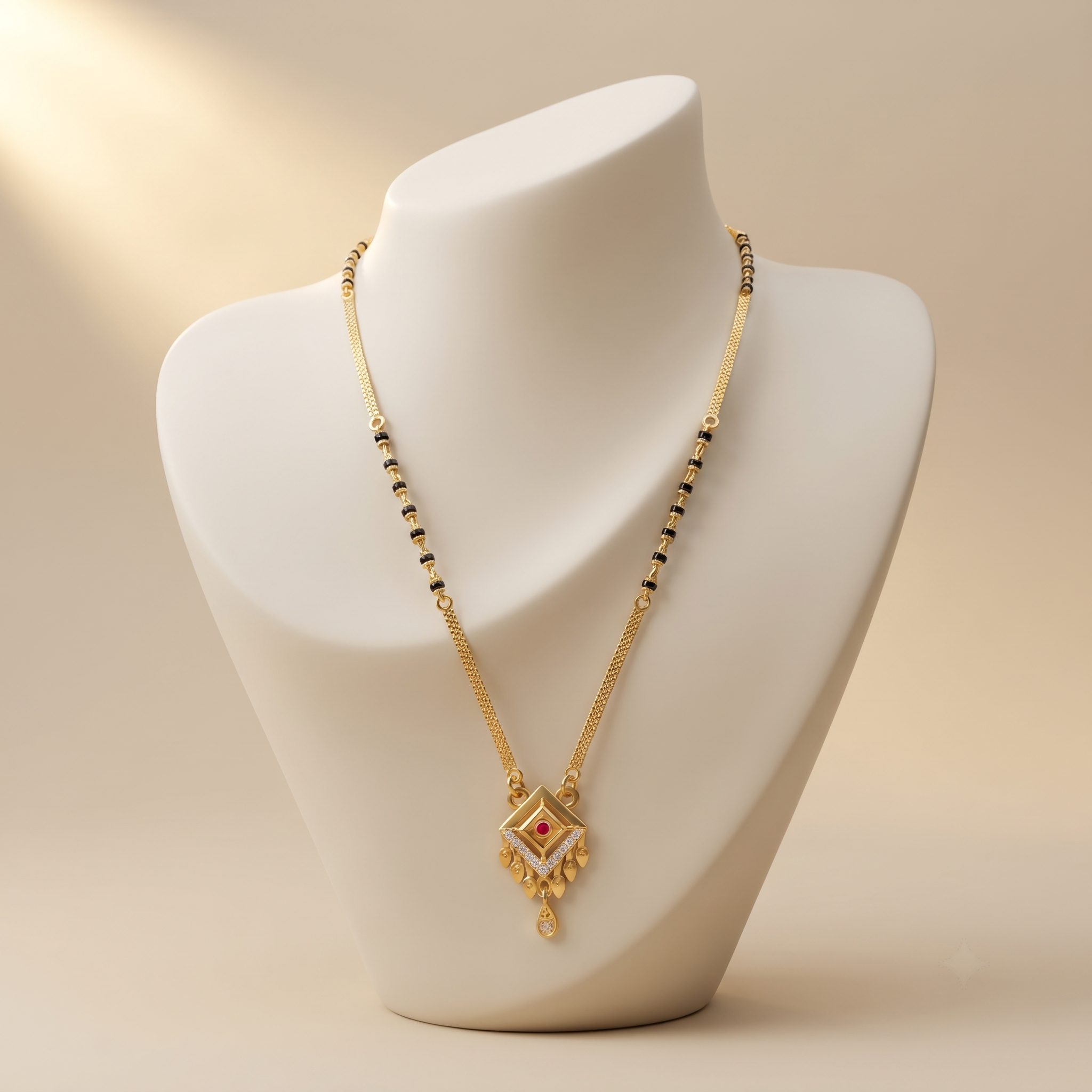 18 Inch Short Designer Mangalsutra for Women | Gold Plated Mangalsutra with Black Beads, Red Stone & CZ Pendant | Stylish Daily Wear – VIHAL ORNAMENTS