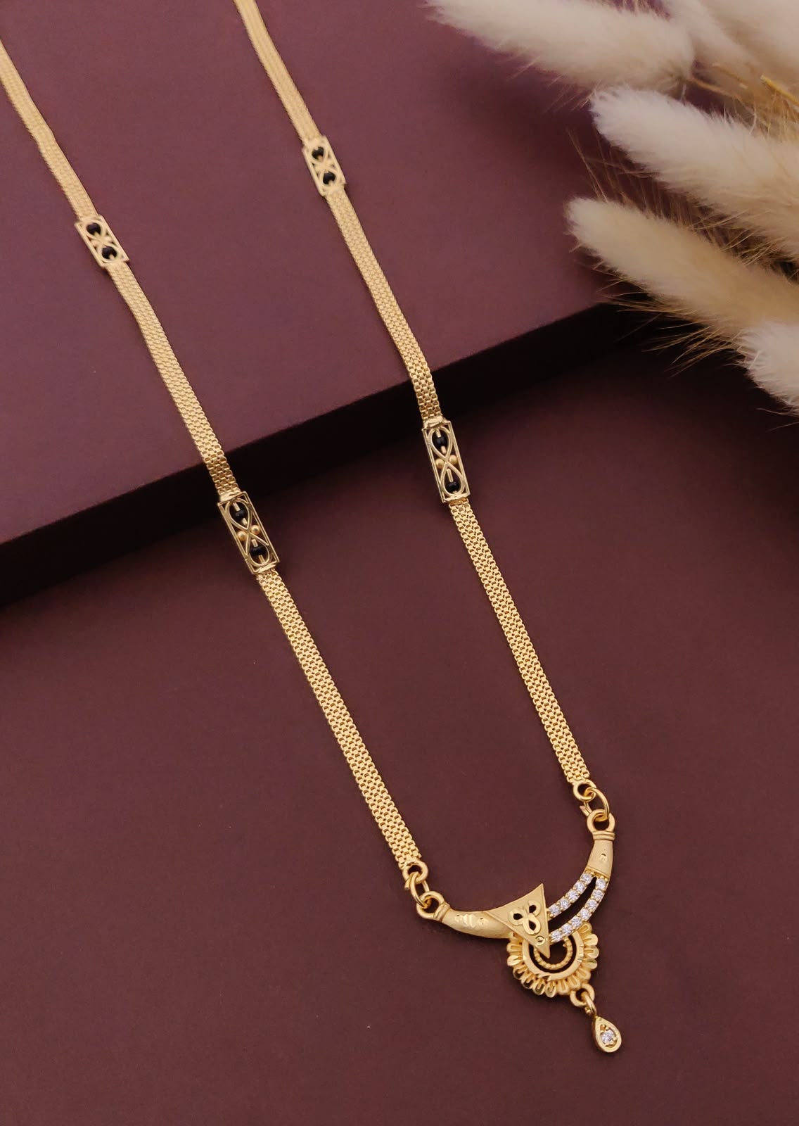 18 Inch Short Mangalsutra for Women | Gold Tone Black Beaded Designer Mangalsutra with Pendant | VIHAL ORNAMENTS
