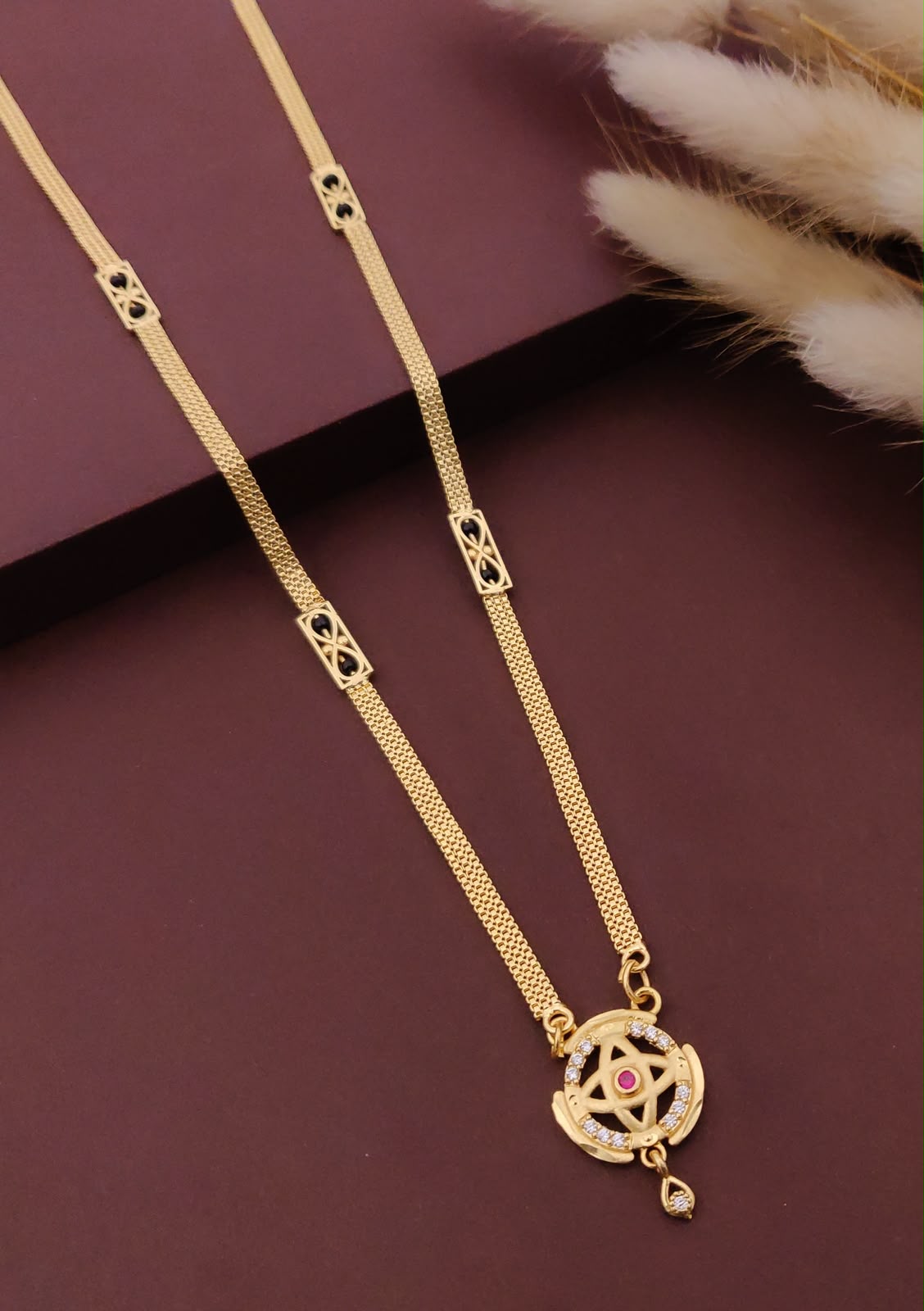 18 Inch Short Mangalsutra for Women | Designer Gold Tone Black Bead Mangalsutra with Elegant Pendant | VIHAL ORNAMENTS