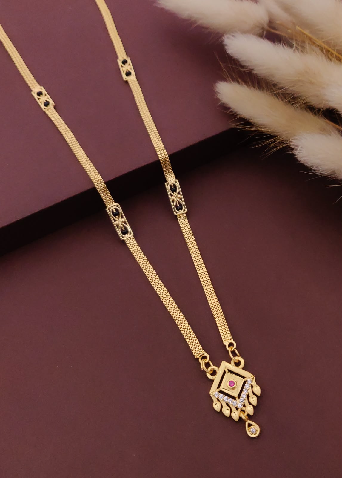 18 Inch Short Gold Mangalsutra with Diamond & Ruby Pendant | Vihal Ornaments