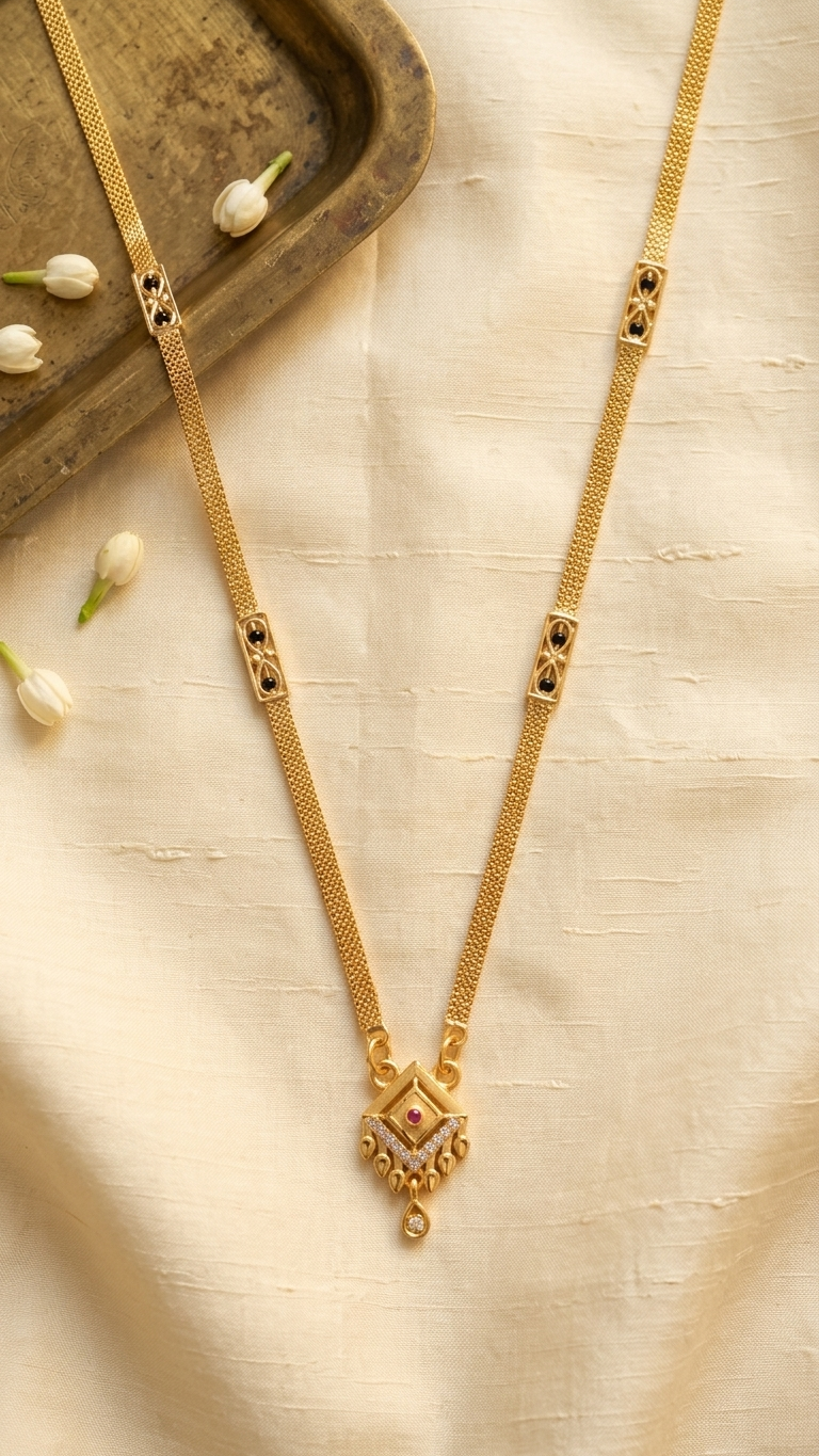 18 Inch Short Gold Mangalsutra with Diamond & Ruby Pendant | Vihal Ornaments