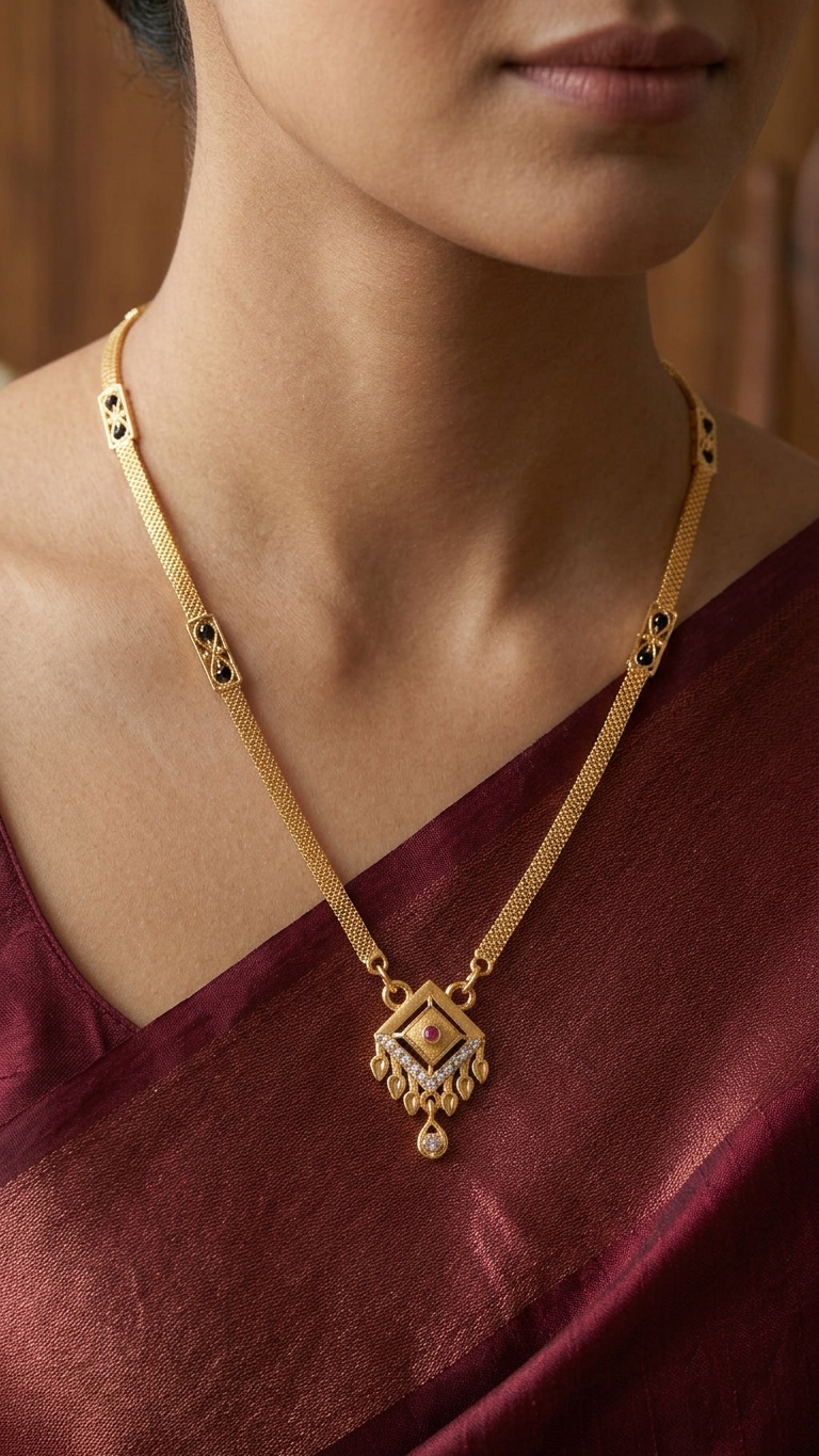 18 Inch Short Gold Mangalsutra with Diamond & Ruby Pendant | Vihal Ornaments