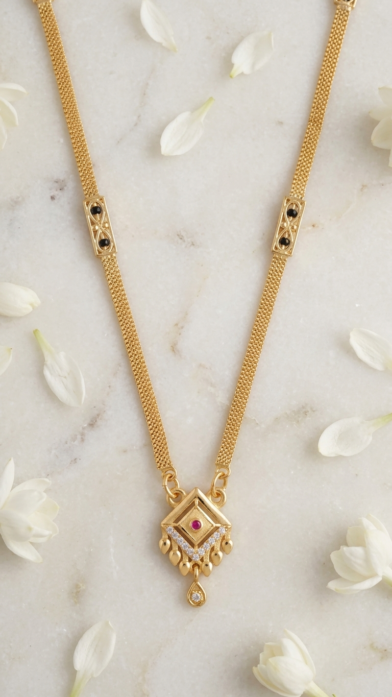 18 Inch Short Gold Mangalsutra with Diamond & Ruby Pendant | Vihal Ornaments
