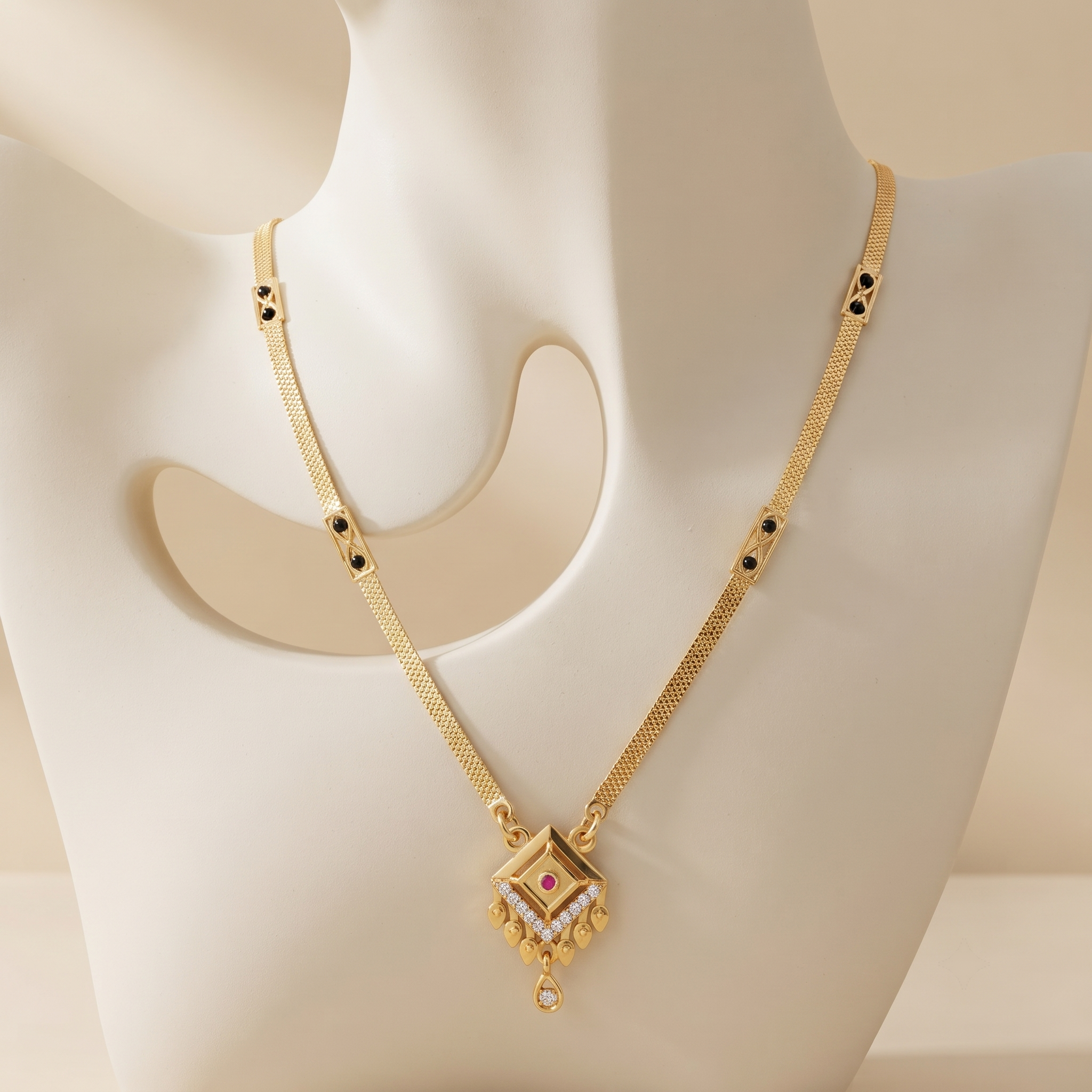 18 Inch Short Gold Mangalsutra with Diamond & Ruby Pendant | Vihal Ornaments