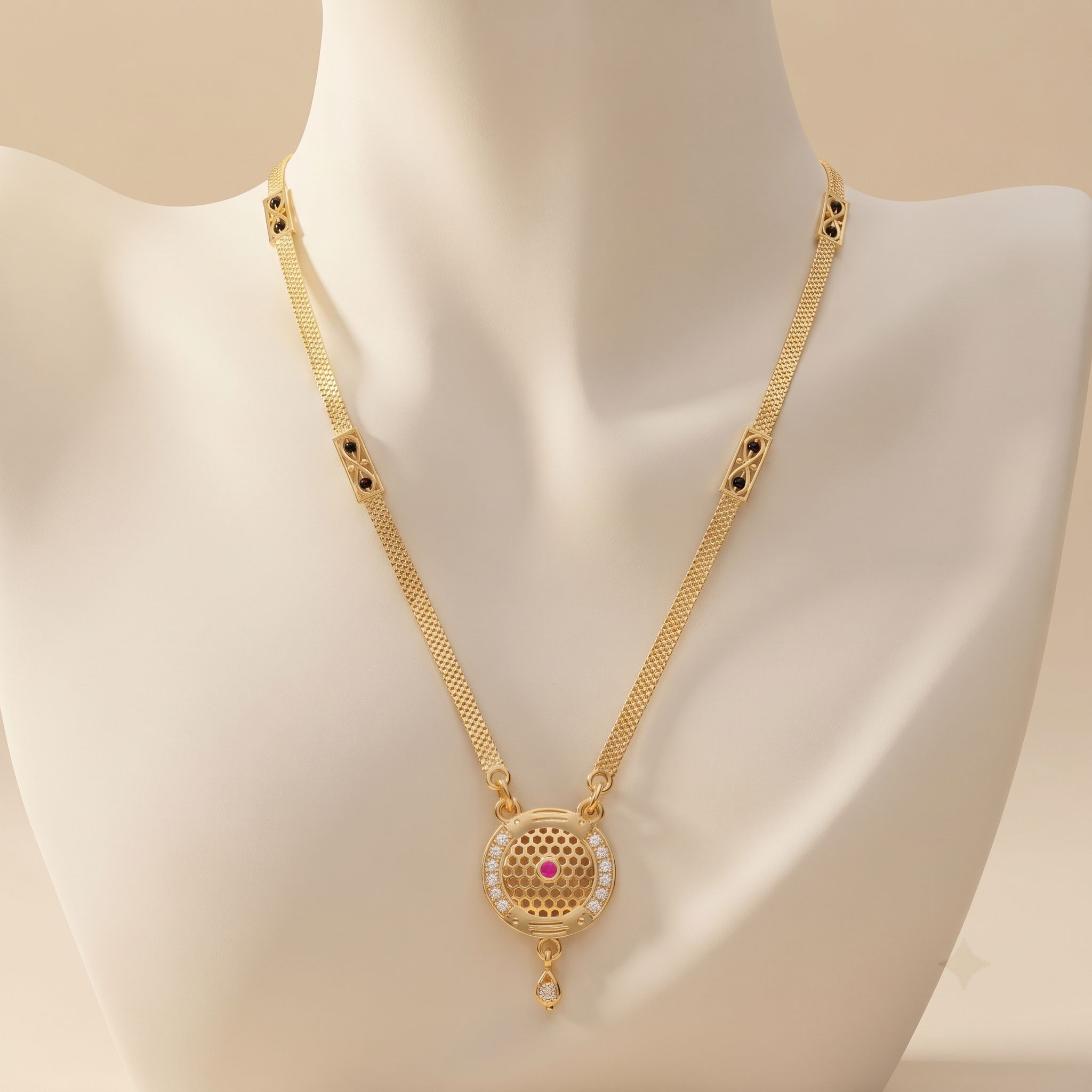18 Inch Short Gold Mangalsutra with Circular Lattice Pendant | Vihal Ornaments