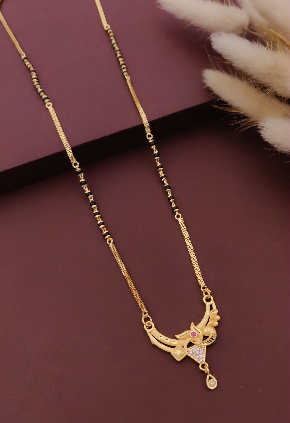 18 Inch Short Designer Mangalsutra for Women | Gold Plated Mangalsutra with Black Beads, Pink Stone & CZ Pendant | Stylish Daily Wear – VIHAL ORNAMENTS