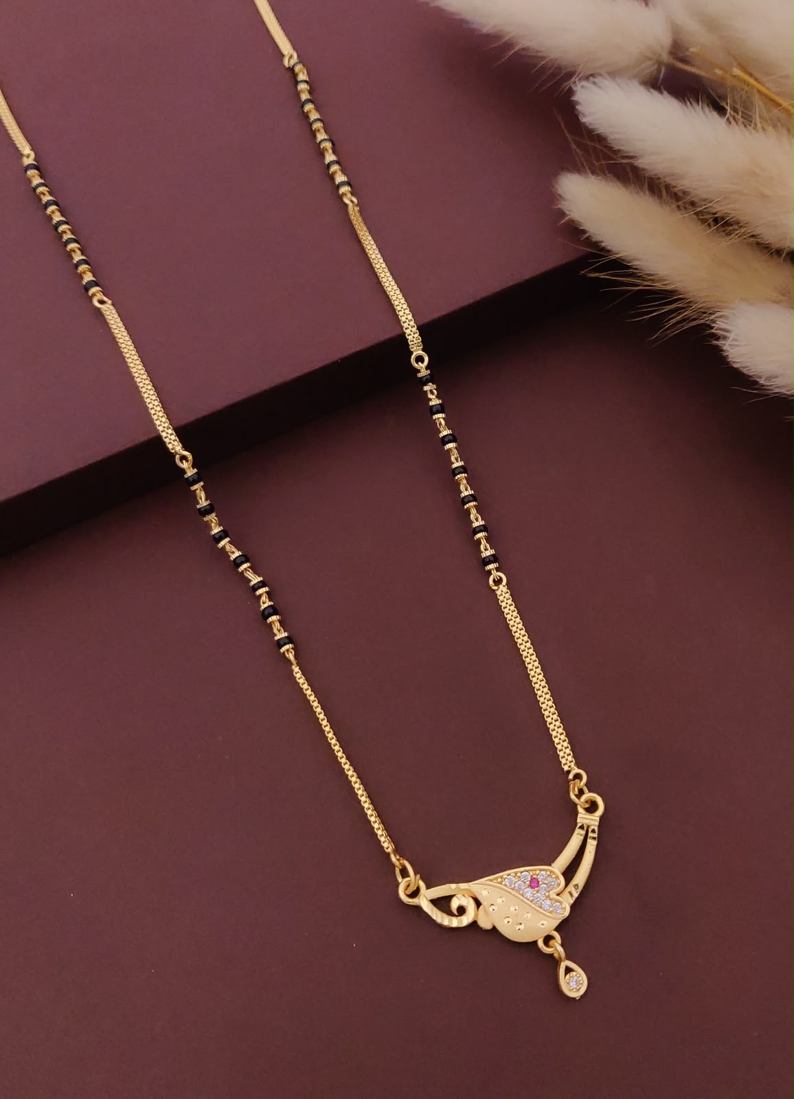 18 Inch Short Designer Mangalsutra for Women | Gold Plated Mangalsutra with Black Beads, Pink Stone & Pendant | Stylish Daily Wear – VIHAL ORNAMENTS