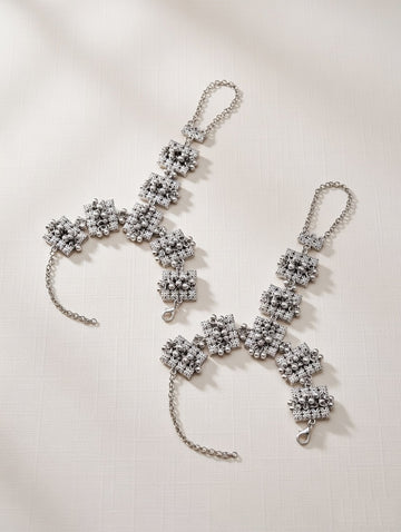 Ethnic Oxidised Silver Floral Hath Panja with Ghungroo Clusters Set