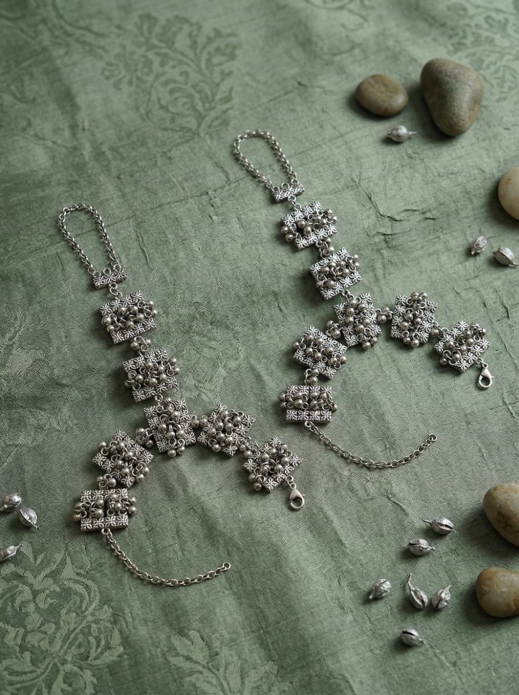 Ethnic Oxidised Silver Floral Hath Panja with Ghungroo Clusters Set
