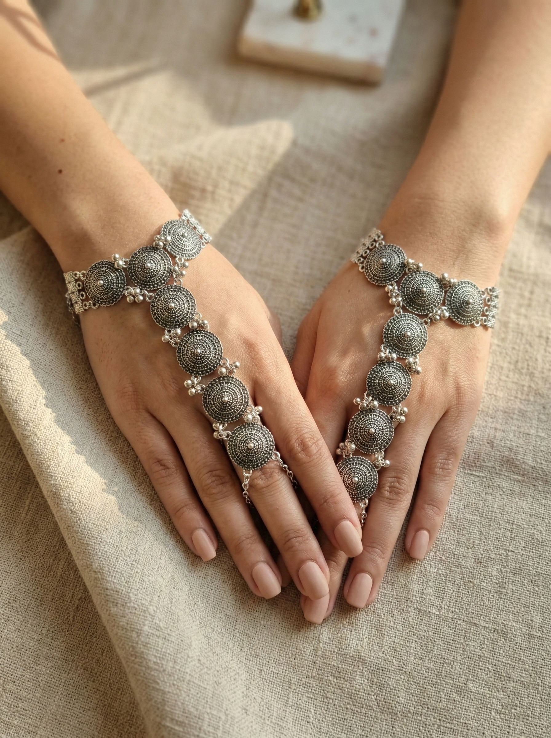 Ethnic Oxidised Silver Tribal Haath Phool Pair of Adjustable Hand Harnesses with Ghungroo Accents