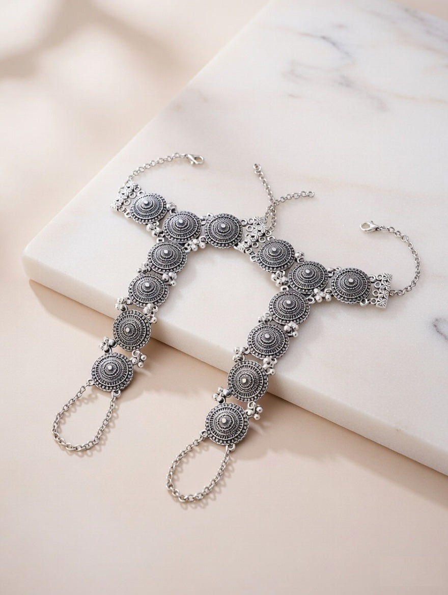 Ethnic Oxidised Silver Tribal Haath Phool Pair of Adjustable Hand Harnesses with Ghungroo Accents