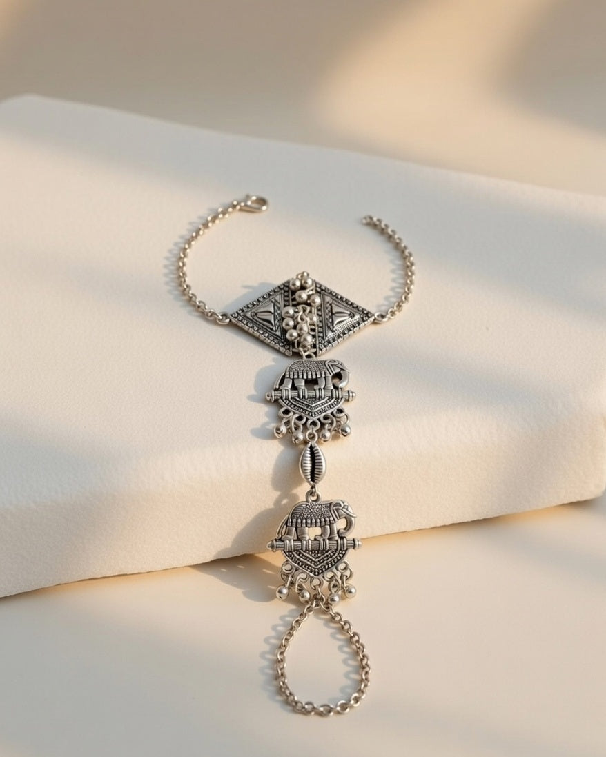 Ethnic Oxidized Silver Elephant Motif Haath Phool with Ghungroo Accents