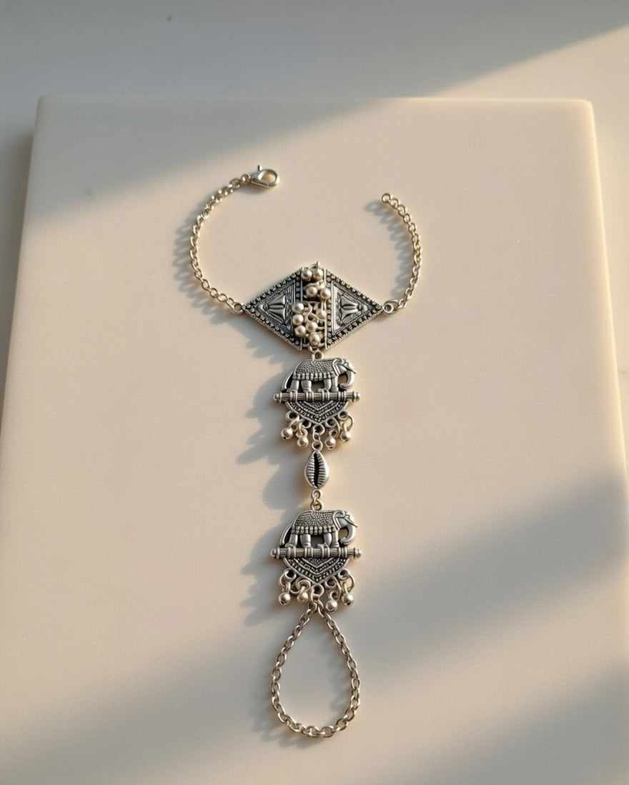 Ethnic Oxidized Silver Elephant Motif Haath Phool with Ghungroo Accents