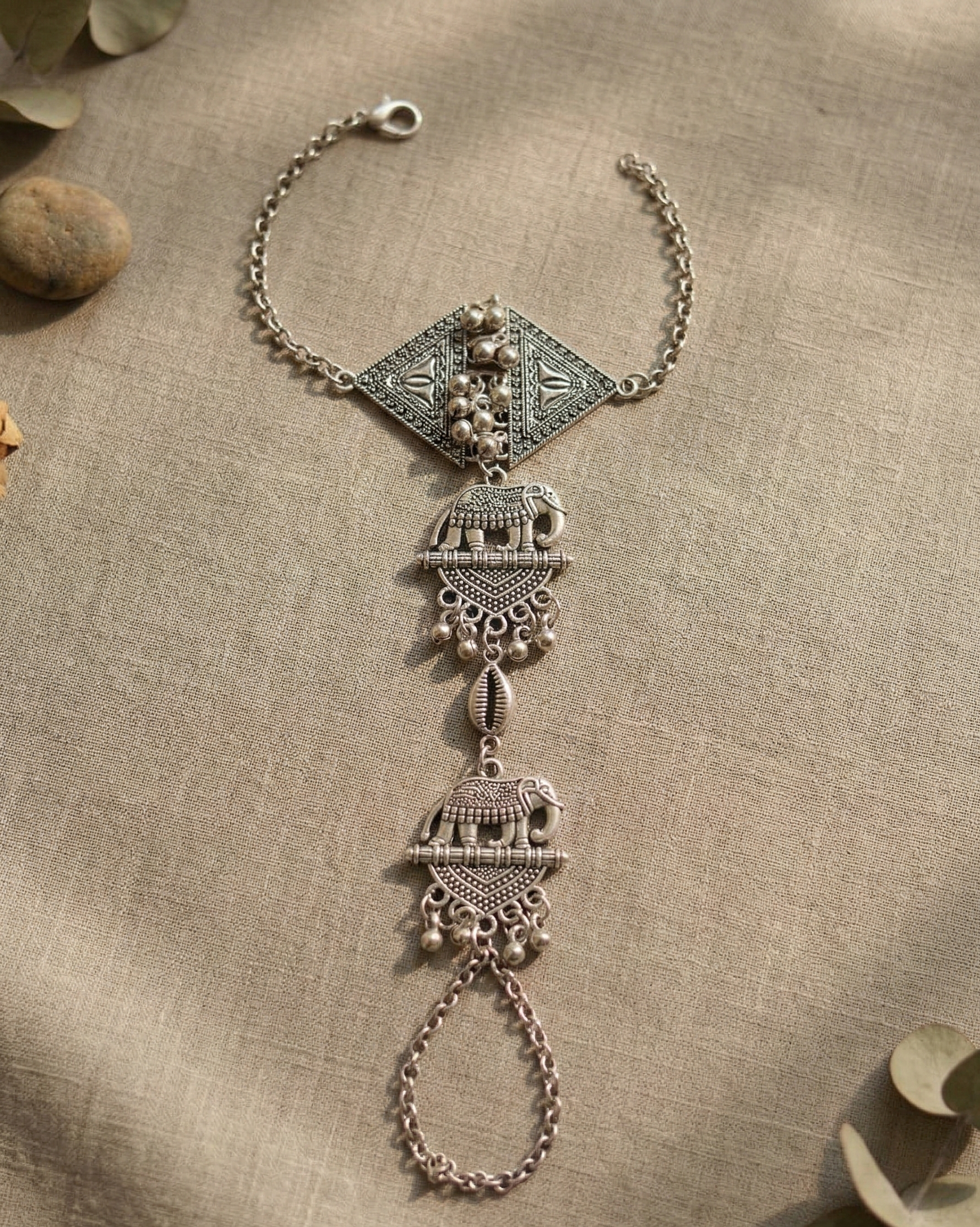 Ethnic Oxidized Silver Elephant Motif Haath Phool with Ghungroo Accents